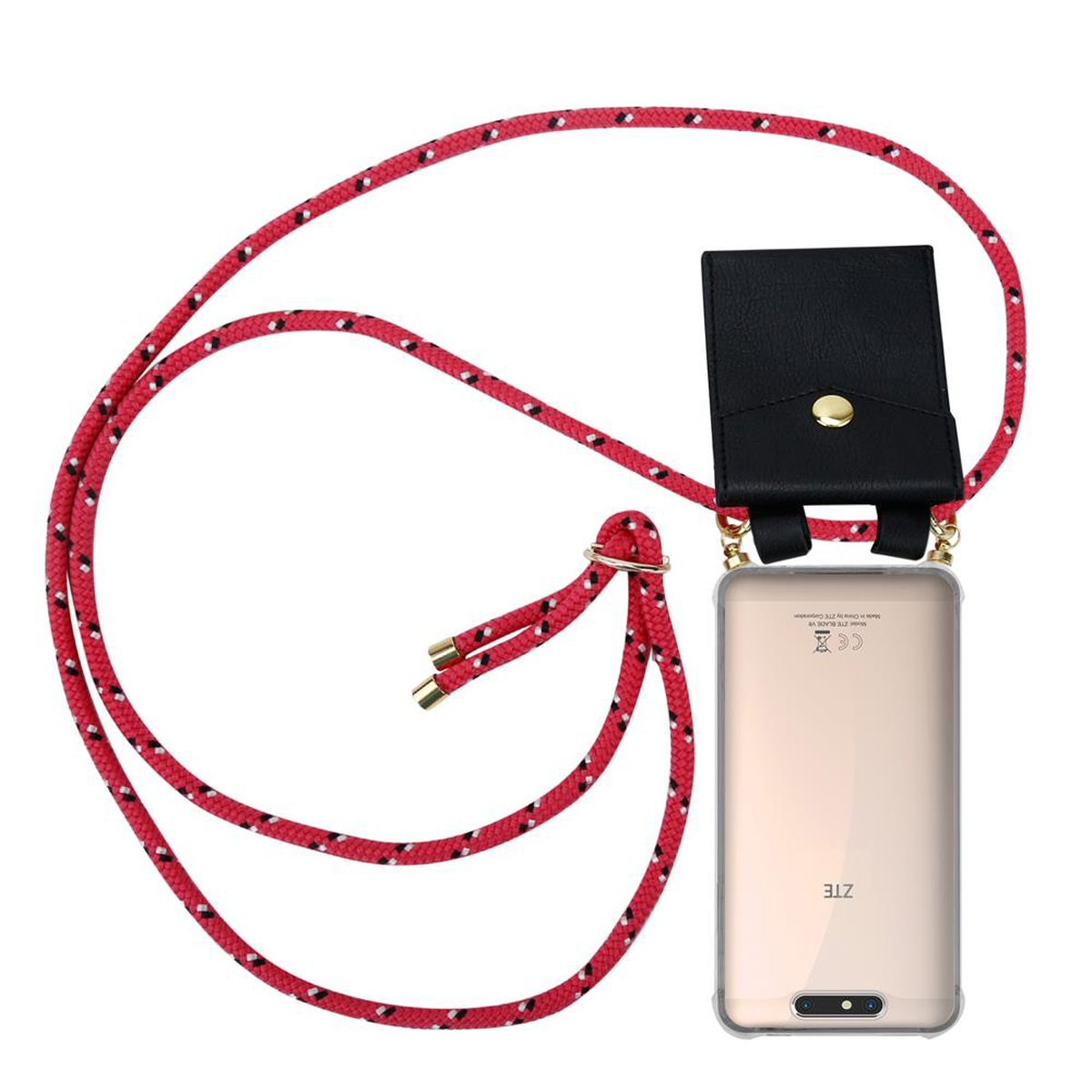 Ein Telefon mit einem rot-weißen Seilriemen und einer schwarzen Handyhülle.