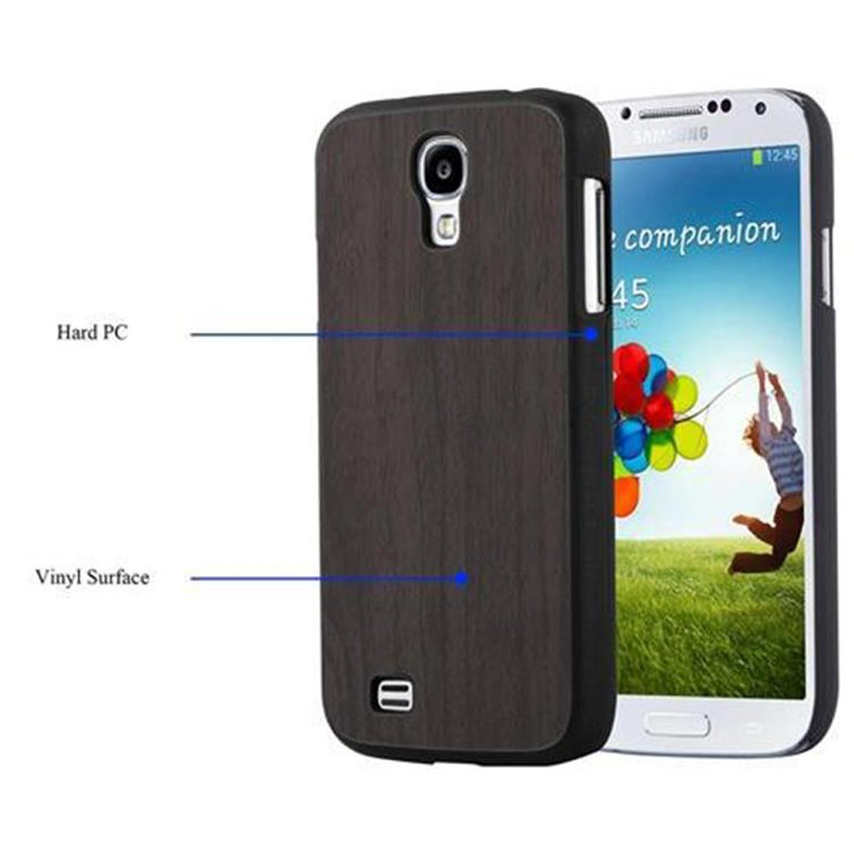 Handyhülle mit Holzmaserungsdesign auf der Rückseite, Telefon mit buntem Bild sichtbar.