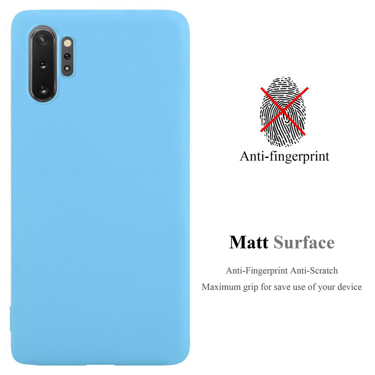 Hellblaue Handyhülle mit Anti-Fingerabdruck-Text. Bild eines durchgestrichenen Fingerabdrucks. Text: Mattierte Oberfläche, kratzfest, max. Grip.