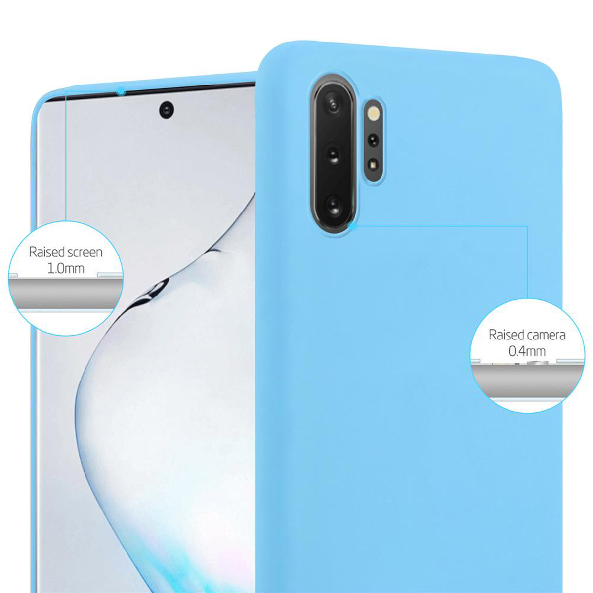 Blaue Handyhülle auf weißem Telefon. Details zum Kamera- und Bildschirmschutz werden gezeigt.