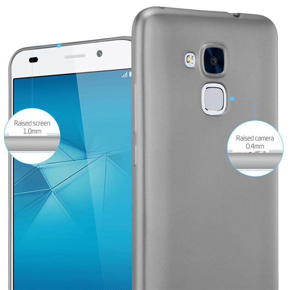Una custodia grigia per telefono. La fotocamera e lo schermo sono protetti. Lo schermo rialzato è di 1,0 mm. La fotocamera rialzata è di 0,4 mm.