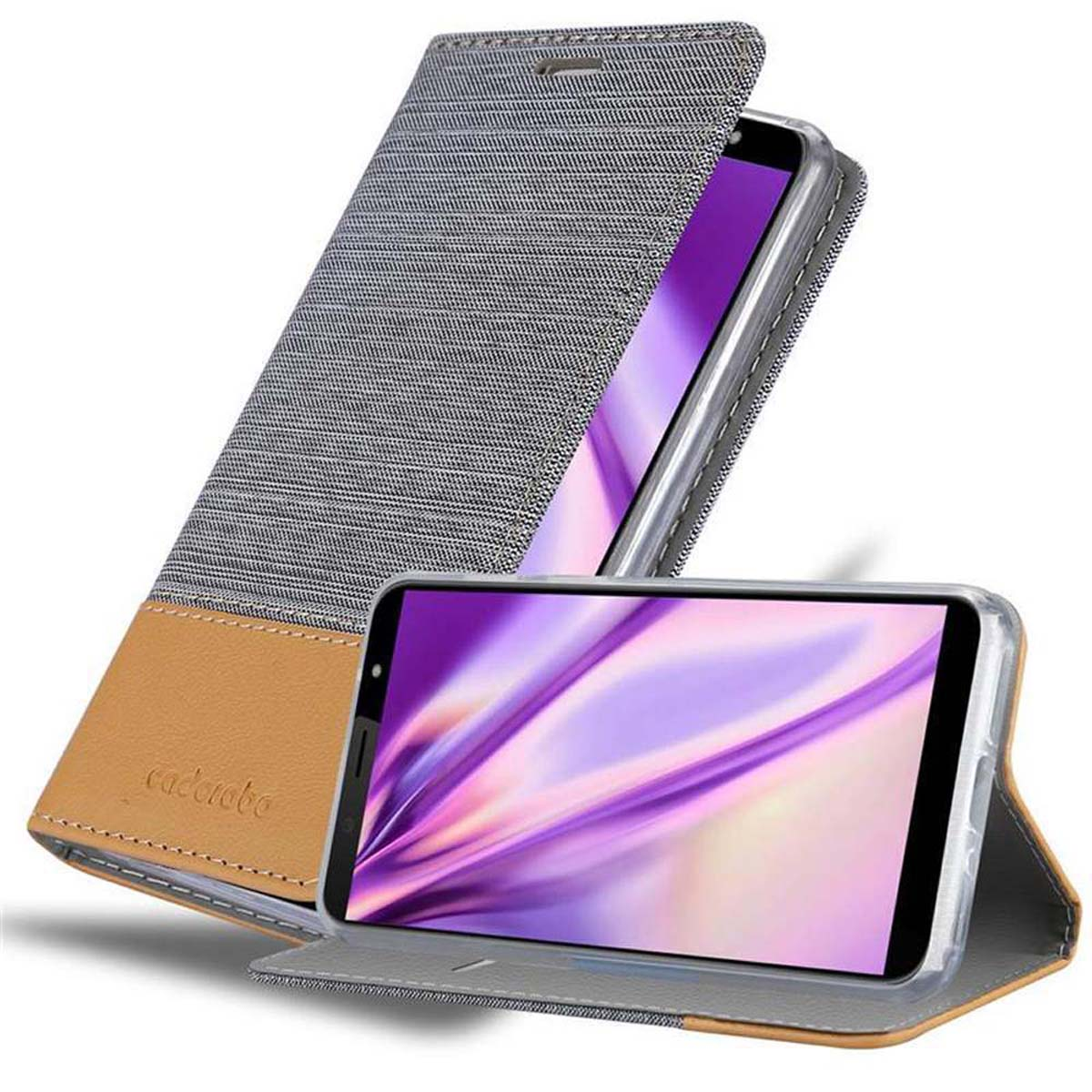Funda de teléfono abierta, de pie. La pantalla muestra una imagen morada y blanca.