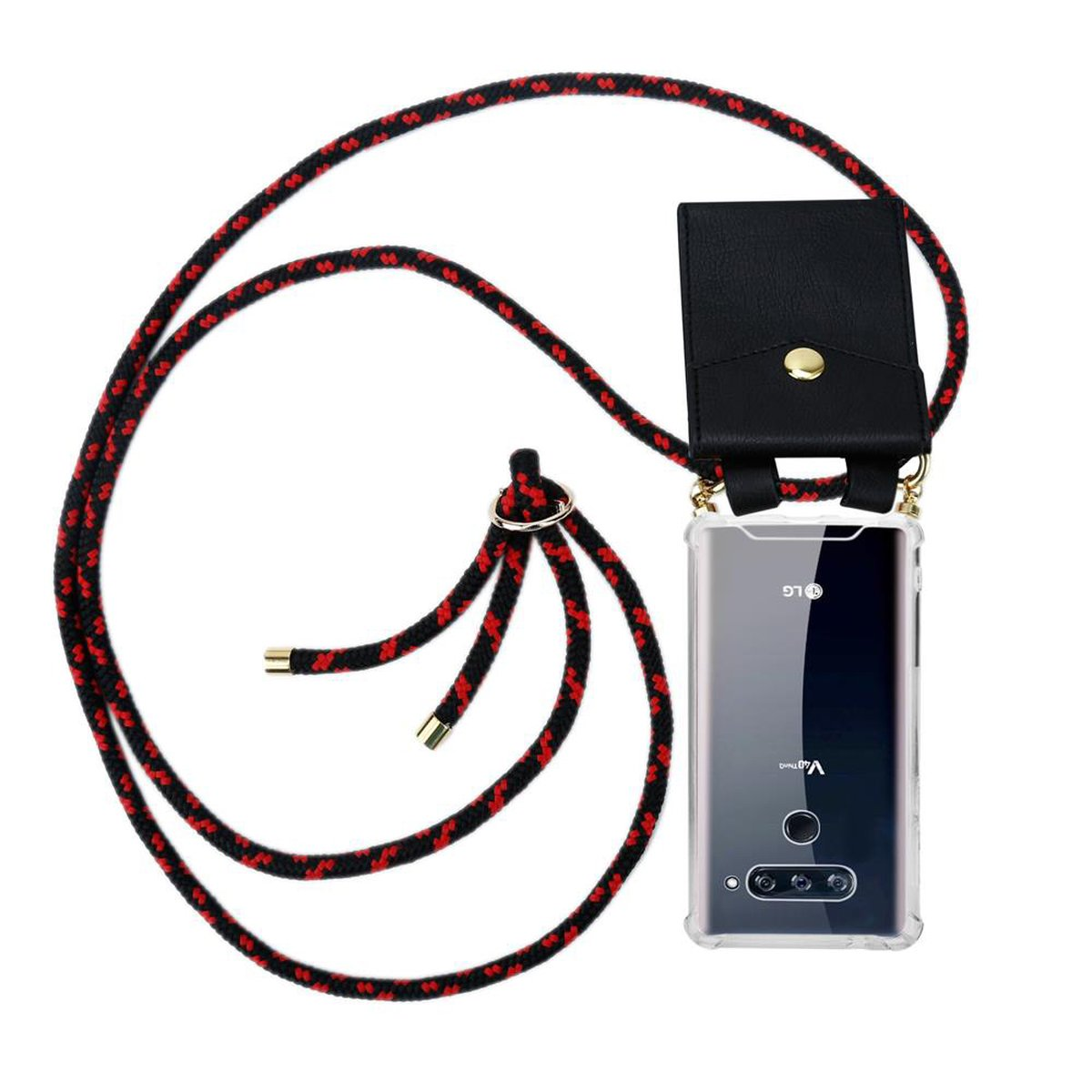 Schwarz-rotes Lanyard, Telefon in transparenter Hülle. Schwarze Hülle oben. Weißer Hintergrund.