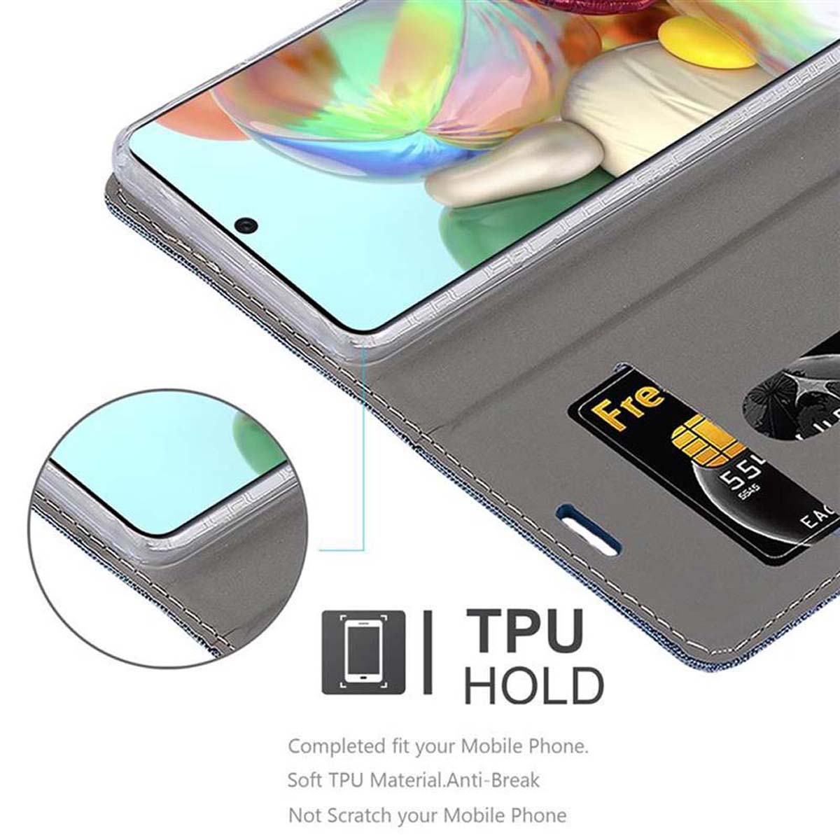Custodia per telefono con tessuto grigio e una carta. Supporto TPU. Sfondo bianco.