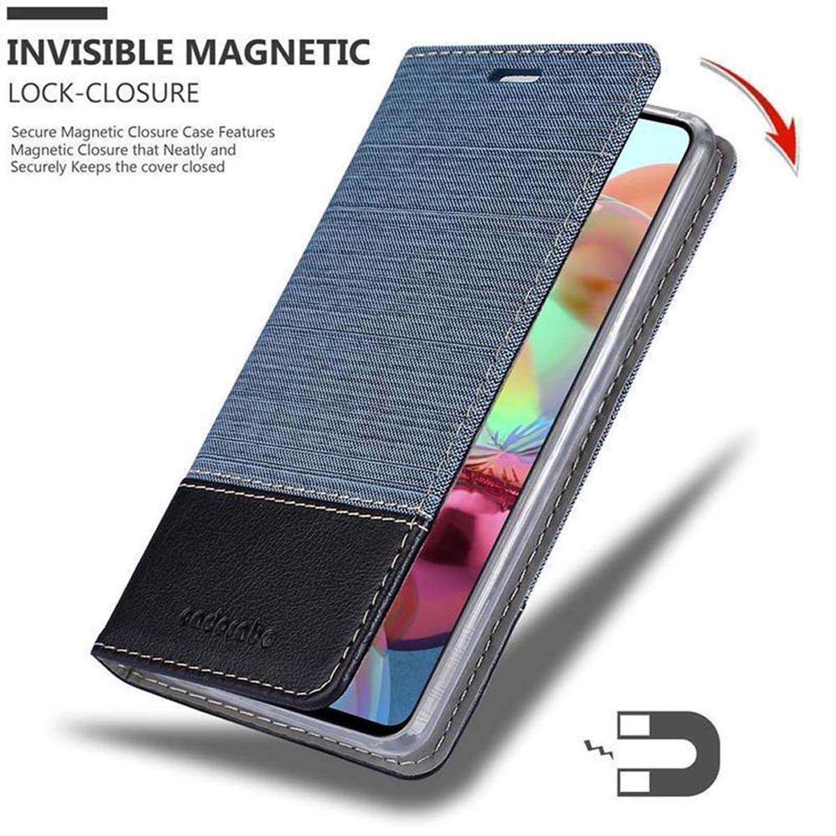 Custodia per telefono in denim blu con chiusura magnetica. Il testo dice, Chiusura magnetica invisibile.