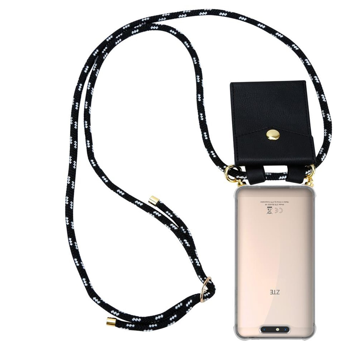 Telefon mit schwarz-weißem Schlüsselband, schwarzem Beutel und goldenem Knopf.