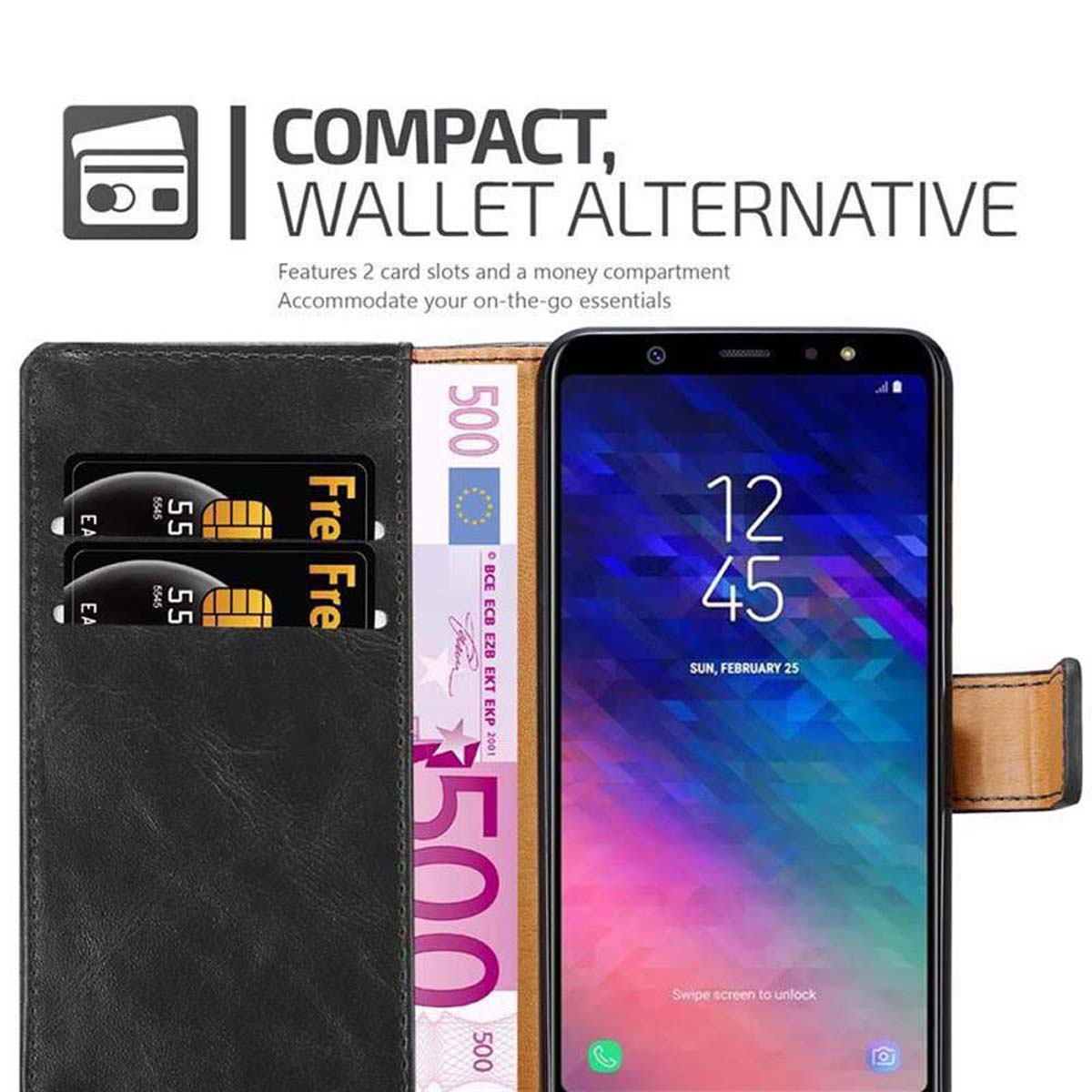 2018, CADORABO Samsung, Style, Luxury Book Bookcover, Galaxy A6 GRAPHIT SCHWARZ Hülle