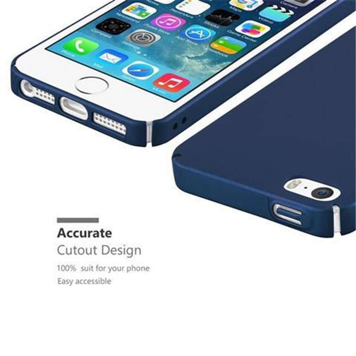 Eine blaue Handyhülle bedeckt die Rückseite des Telefons. Das Telefon hat Apps auf dem Bildschirm.