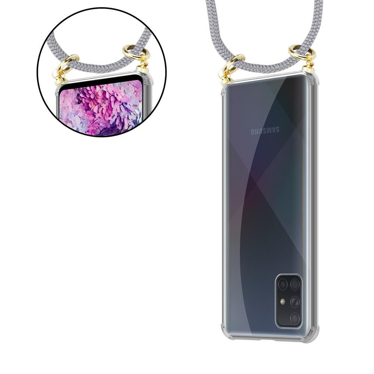 Custodia per telefono con cordino grigio, dettagli dorati. Il telefono mostra un'immagine di fiori rosa. Logo Samsung sul retro.