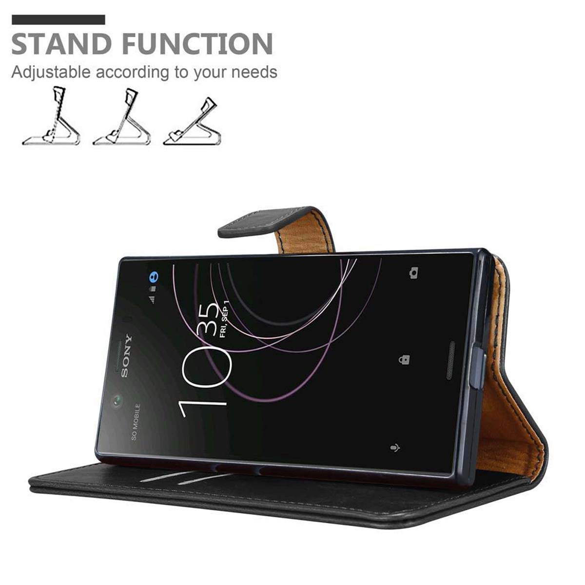 Telefono nero in custodia aperto, mostra la funzione stand. Sfondo bianco.