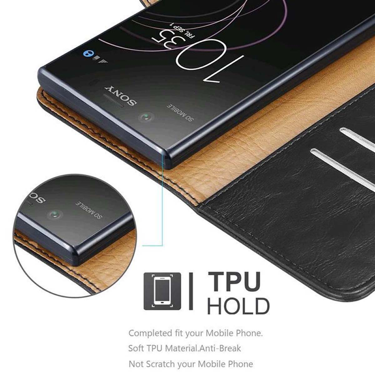 Telefono in custodia, aperto. Primo piano del telefono e dell'interno della custodia. Il testo dice TPU hold.
