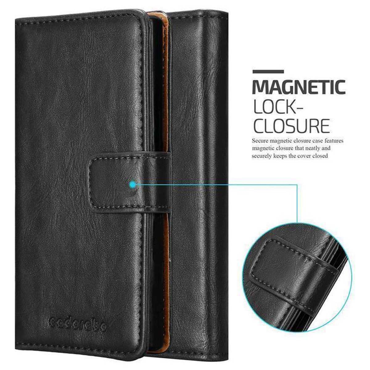 Custodia per telefono nera con chiusura magnetica. La custodia è chiusa. Il testo mostra i dettagli.
