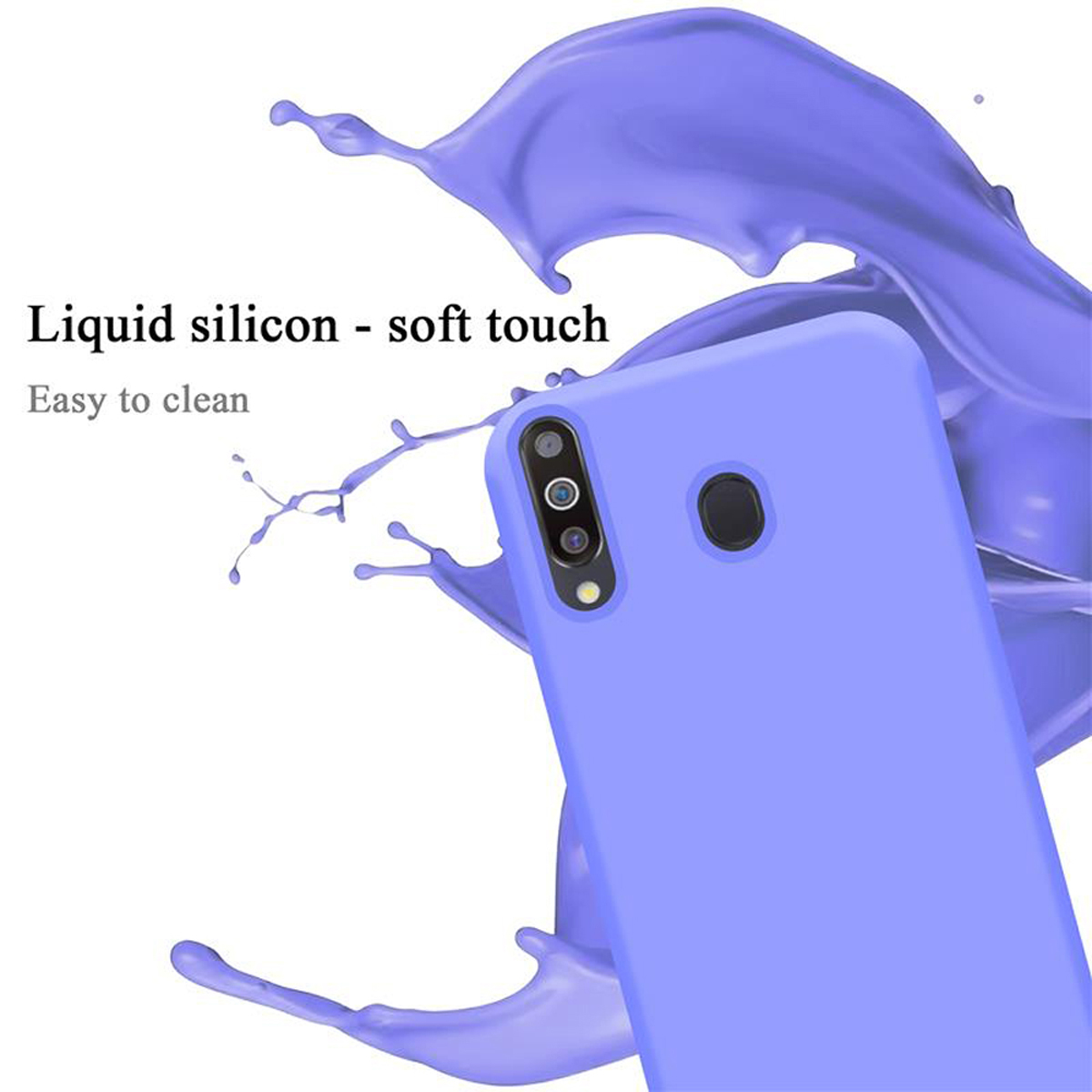 Hellblaue Handyhülle mit blauem Flüssigkeitsspritzer, Text: soft touch und leicht zu reinigen.