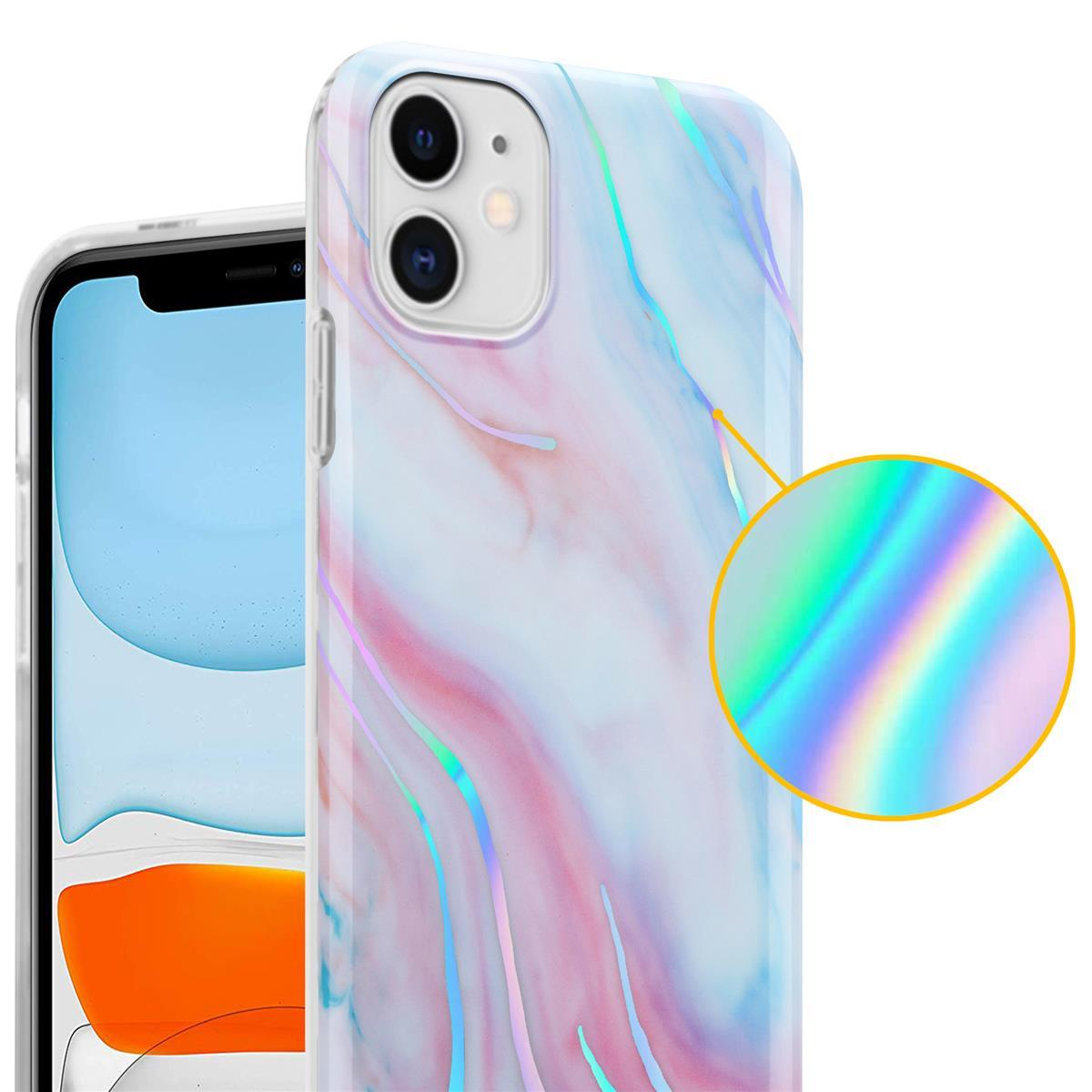 Custodia per telefono con design marmorizzato. È bianca, rosa e con un pizzico di verde. C'è un primo piano.