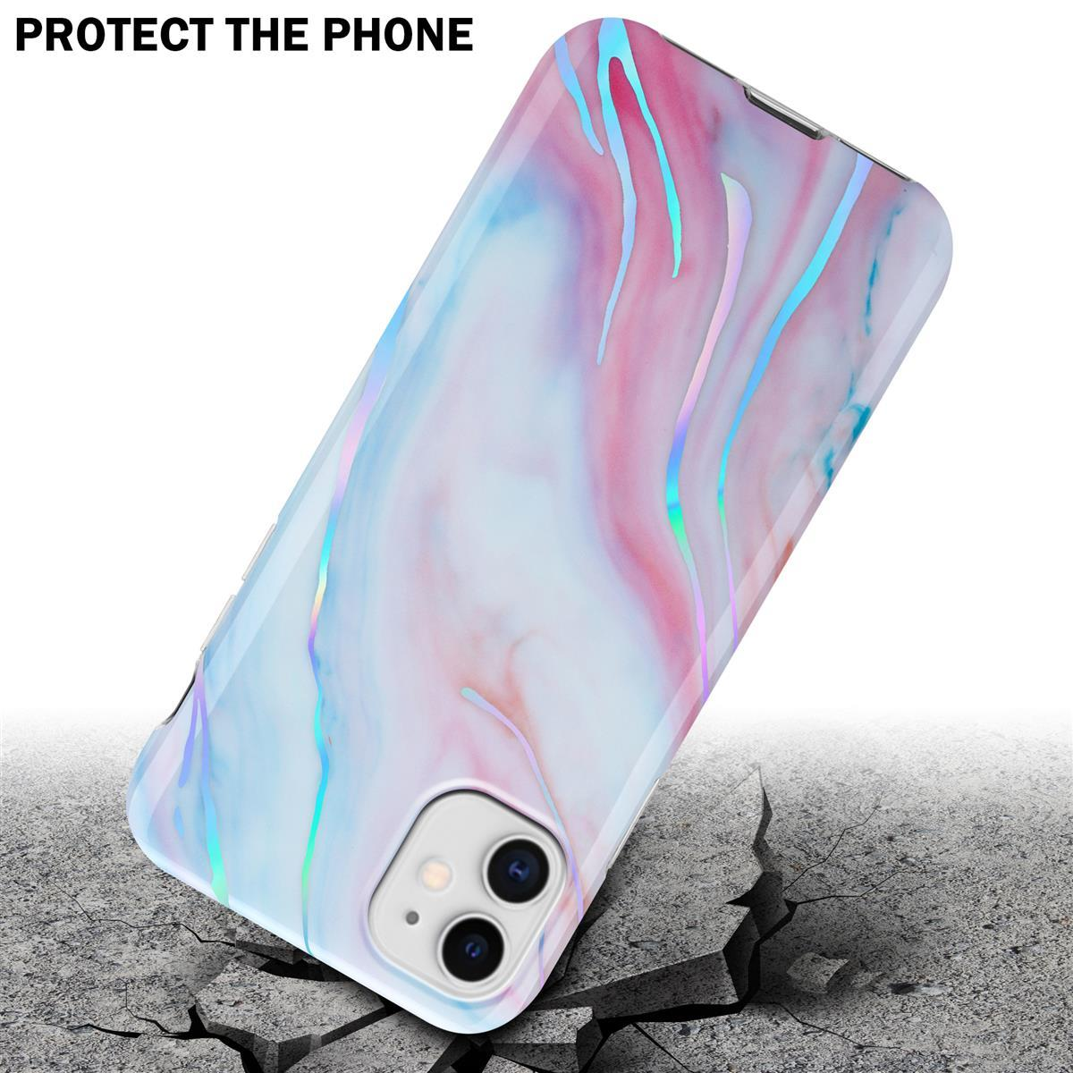Una custodia per telefono con un design a marmo bianco, rosa e blu, che sembra cadere.