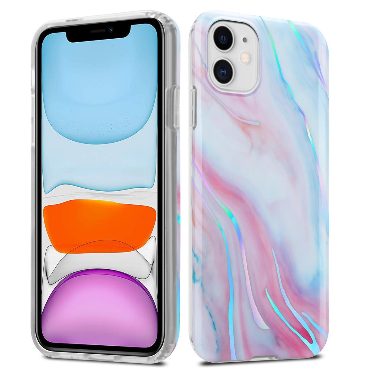 Due telefoni, uno dentro una custodia trasparente con design marmorizzato, l'altro con schermo che mostra colori.
