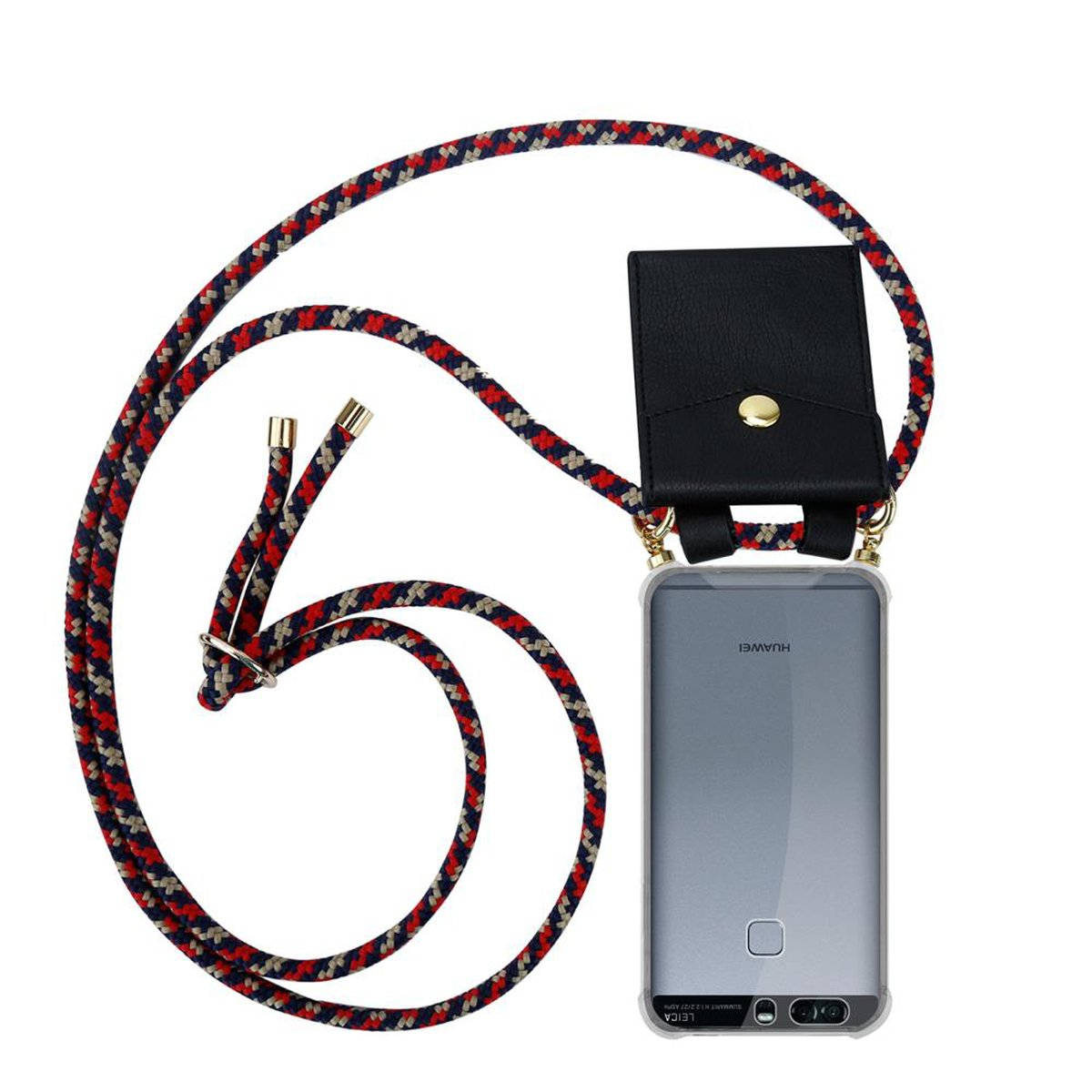 Rot-blaues Seil-Handycase. Schwarze Ledertasche. Huawei Telefon.