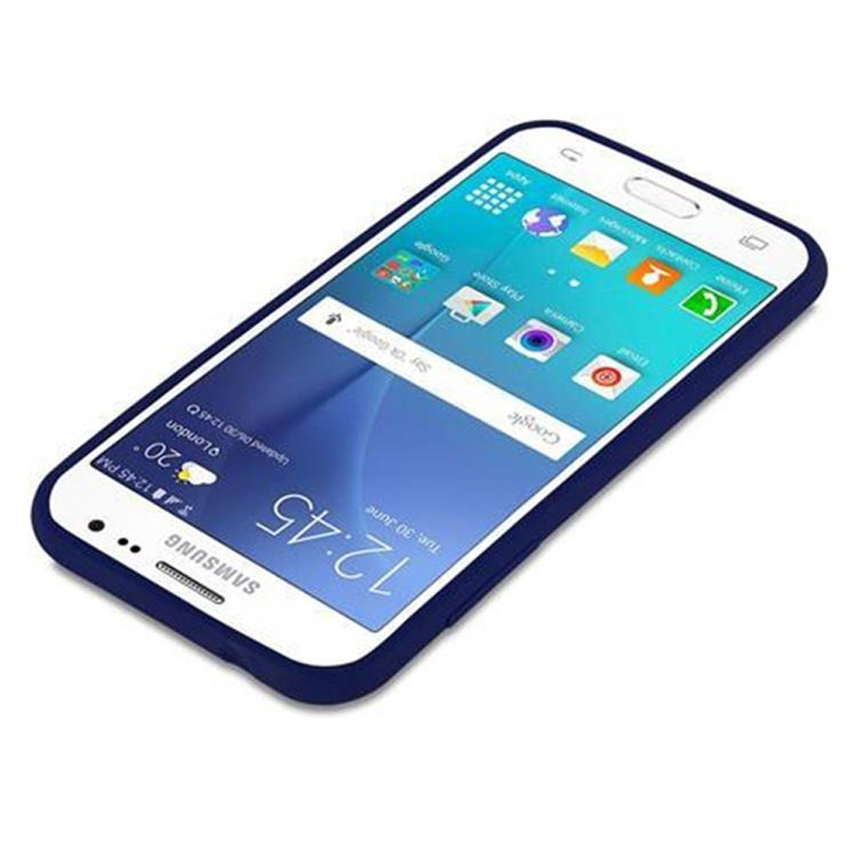 Telefono bianco in una custodia blu. Lo schermo mostra l'ora e le icone delle app.