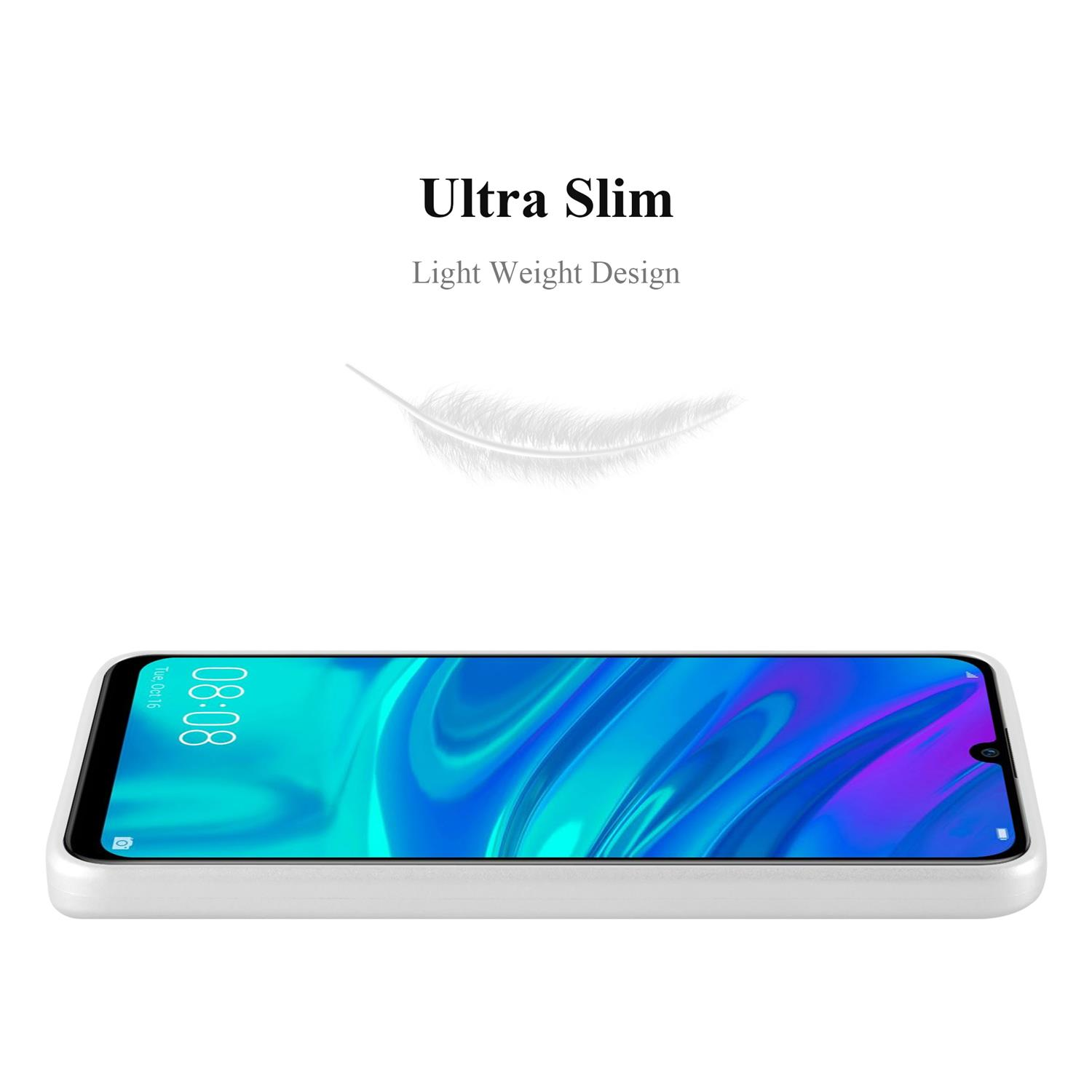 Custodia bianca per telefono con telefono che mostra uno schermo blu e viola. Ultra Slim e Light Weight Design.