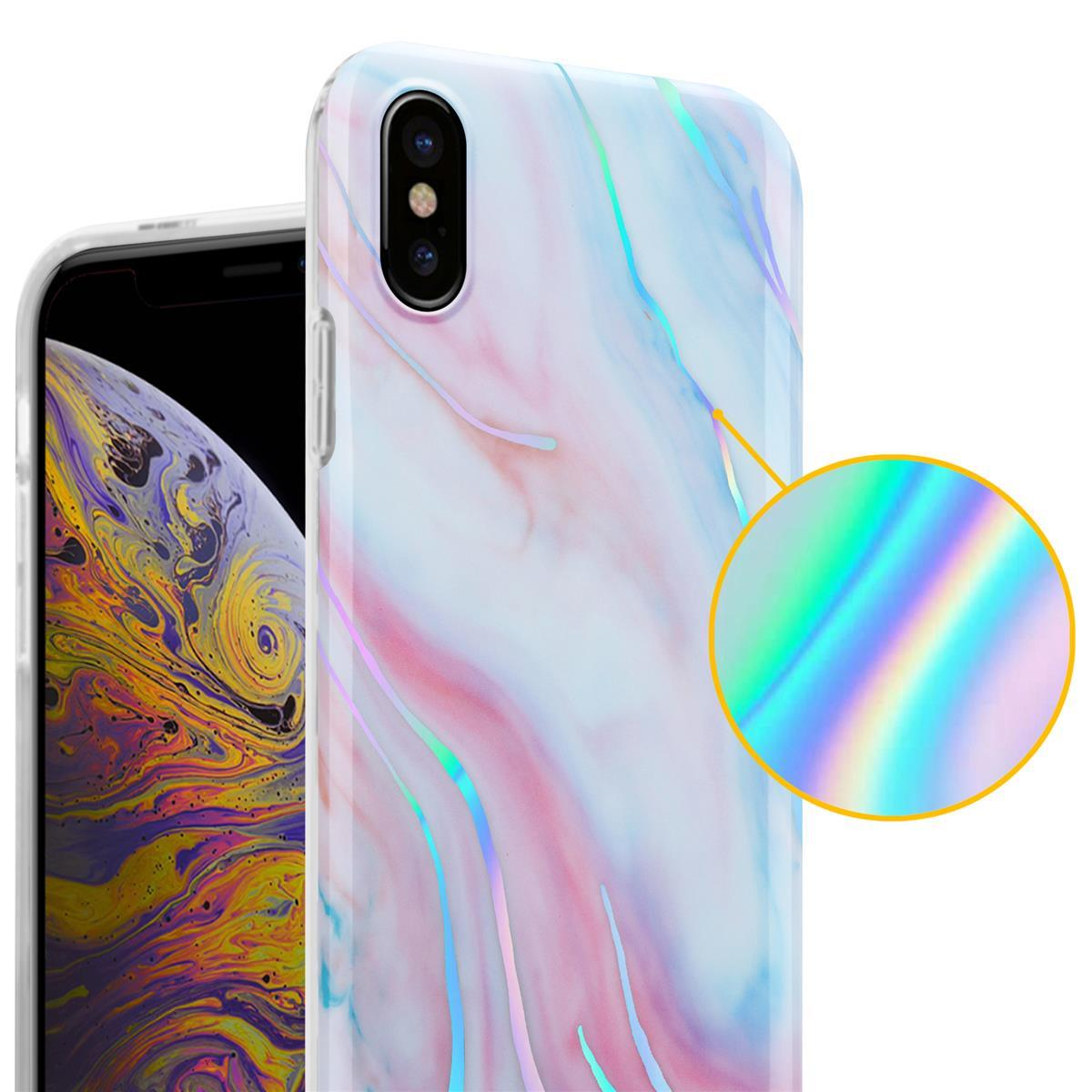 Una custodia per telefono con un motivo marmorizzato. I colori del marmo sono blu e rosa. C'è un primo piano sulla custodia.