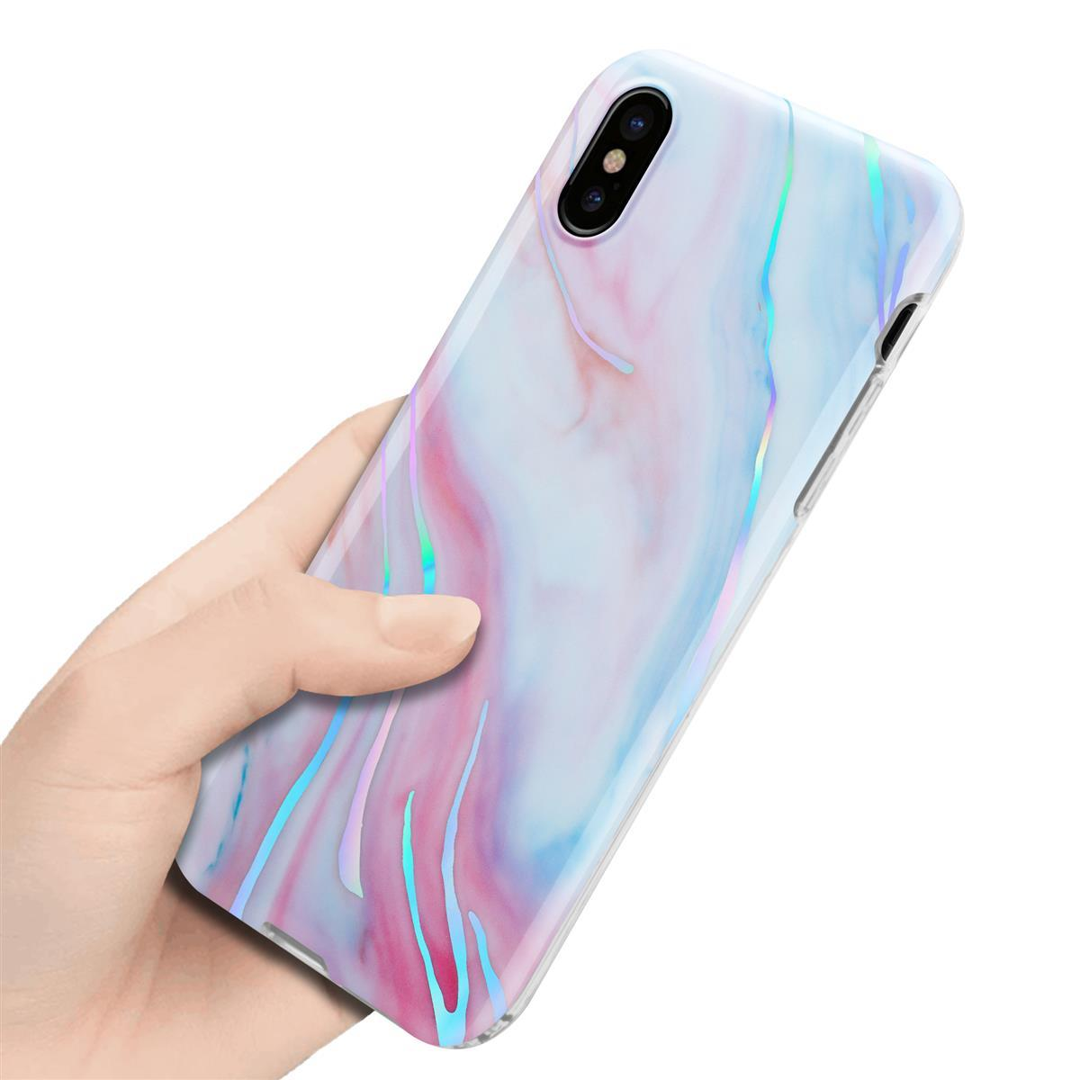 Custodia per telefono con motivo marmorizzato. Colori rosa, blu e bianco.
