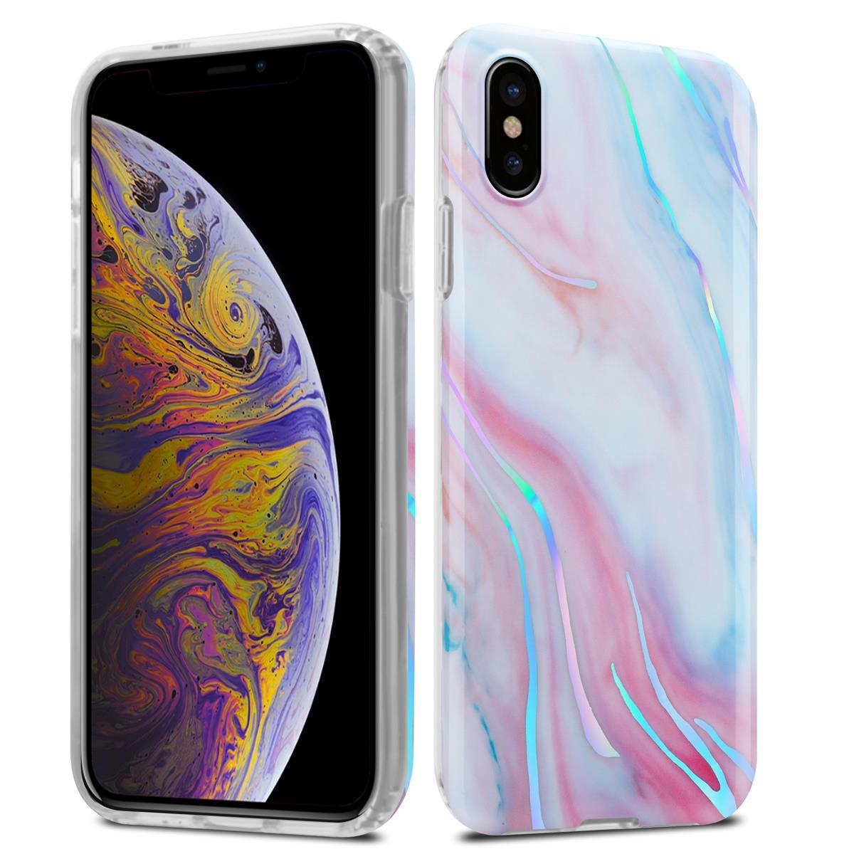 Telefono in una custodia, vista anteriore e posteriore, con design marmoreo.