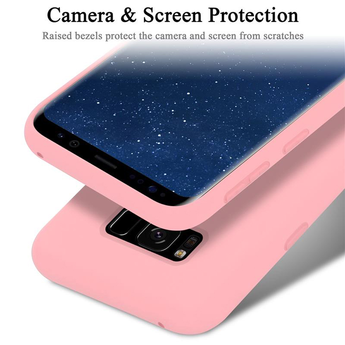 Pinkfarbene Handyhülle, mit einem Telefon oben, Kamera sichtbar, Produktschutzdetails.