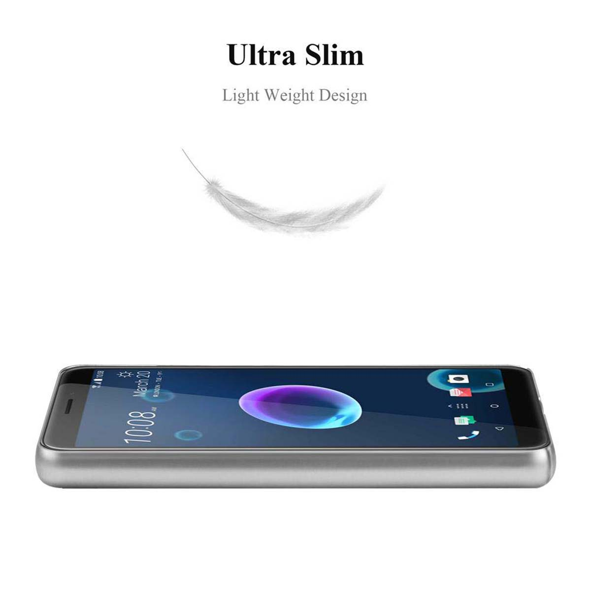 Telefono argentato con una grafica a forma di piuma. Sfondo bianco. Testo: 'Ultra Slim'.