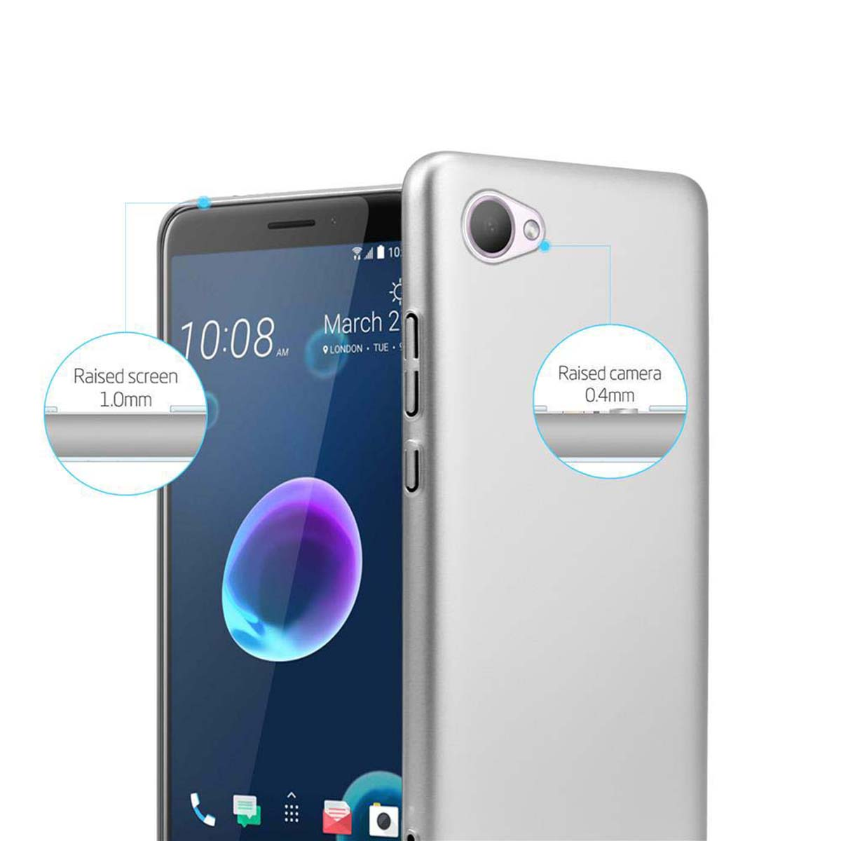 Telefono argentato con annotazioni. Dettagli schermo e fotocamera rialzati con misure. Sfondo bianco.