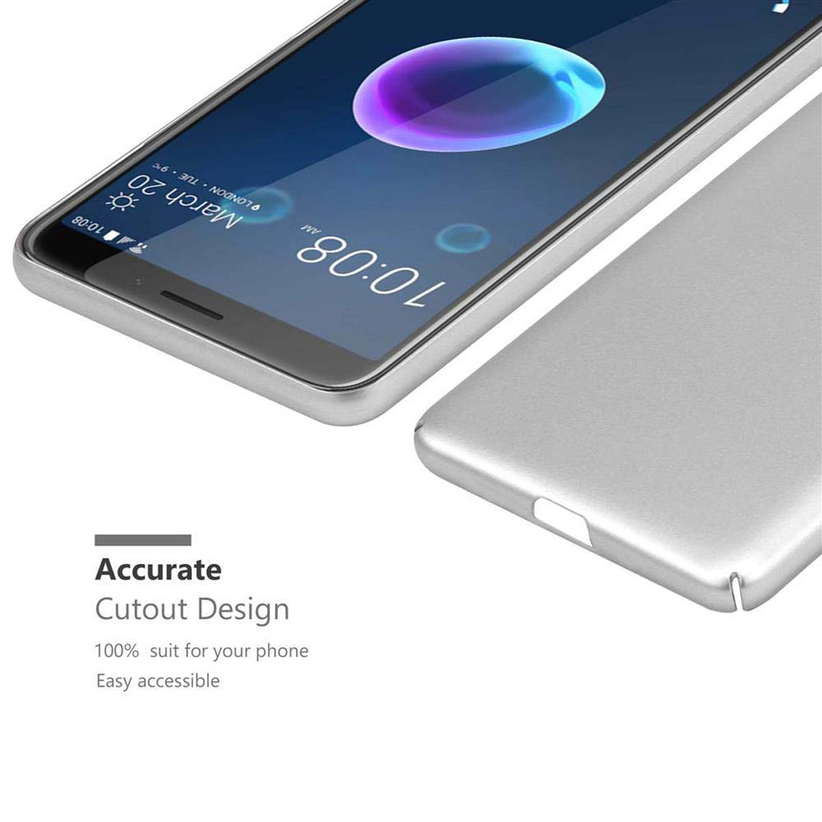 Telefono argentato con visualizzazione dell'ora. Design di ritaglio preciso. Un'altra custodia argentata per telefono sul lato.