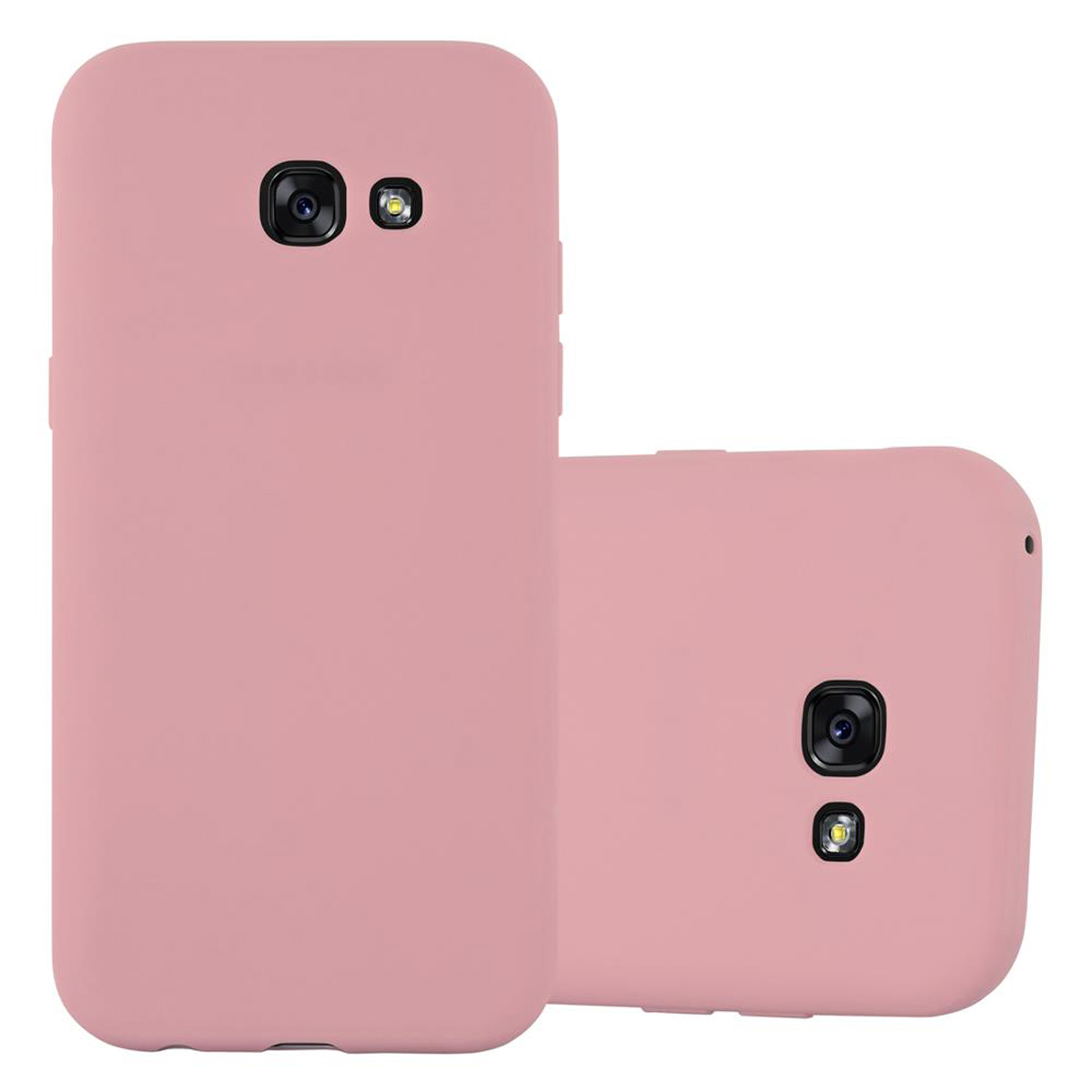 Custodie per telefono rosa, due articoli. Sfondo bianco.