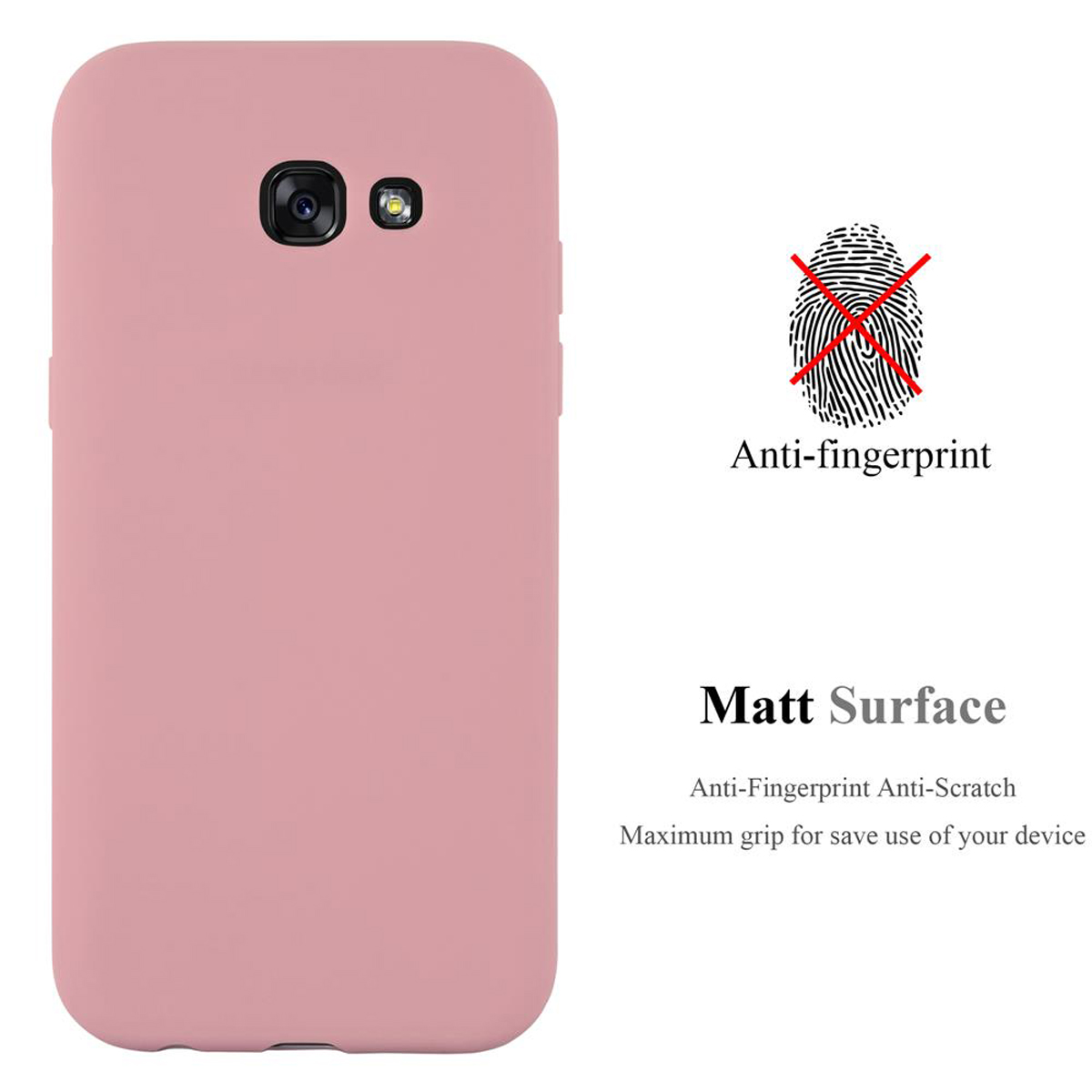 Una custodia per telefono rosa con il testo 'Anti-fingerprint' e 'Matt Surface'. Icona impronta digitale con una X rossa.