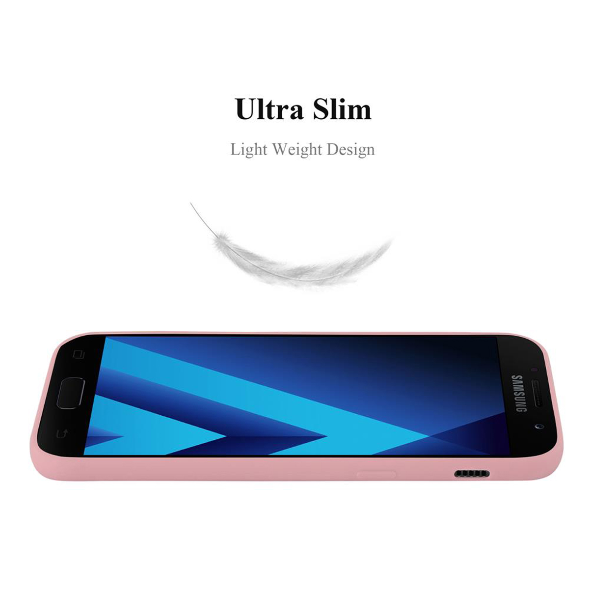 Una custodia per telefono rosa e una piuma. Il testo dice 'Ultra Slim' e 'Light Weight Design'.