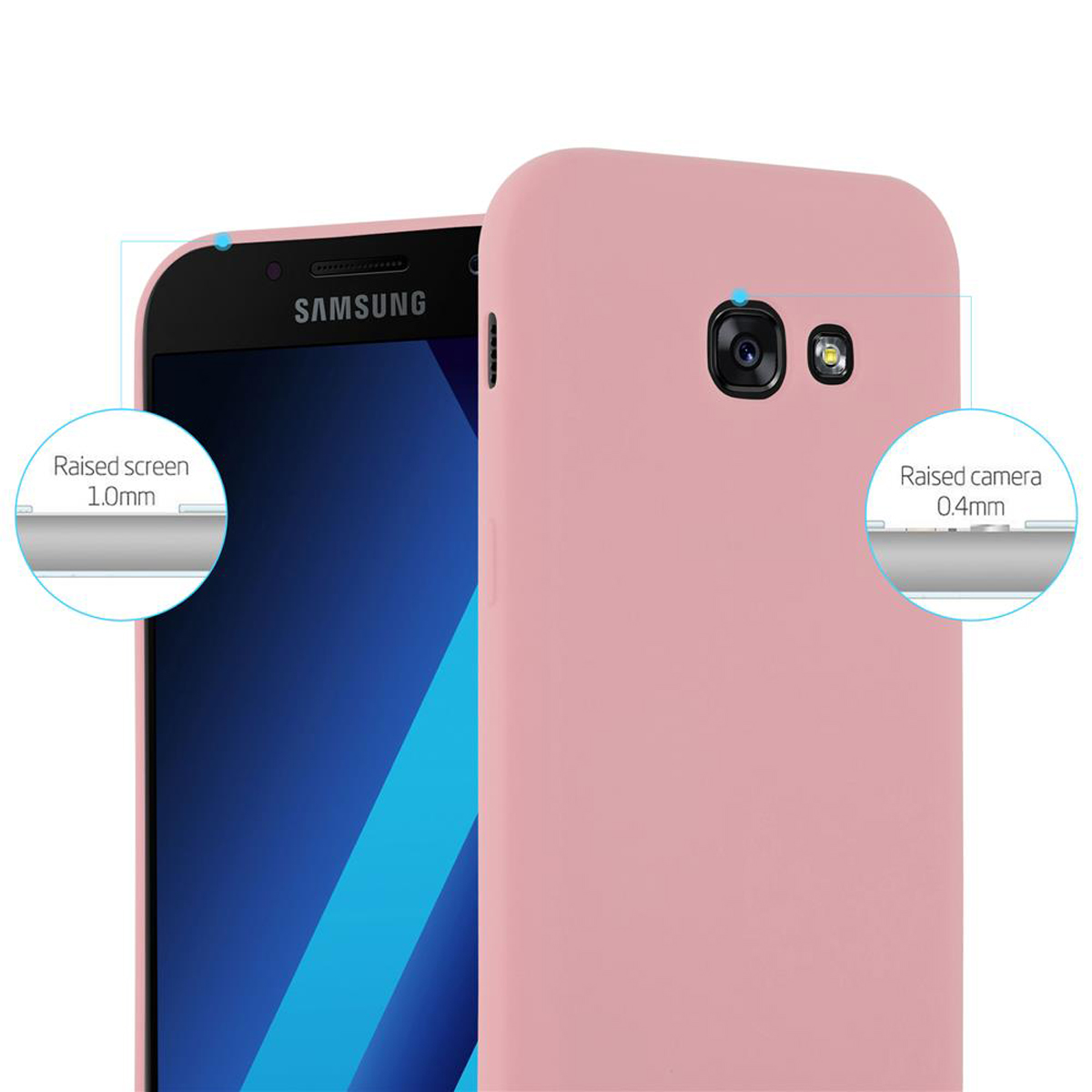 Custodia rosa per telefono su un telefono, con schermo e fotocamera rialzati. Dettagli del prodotto visibili.