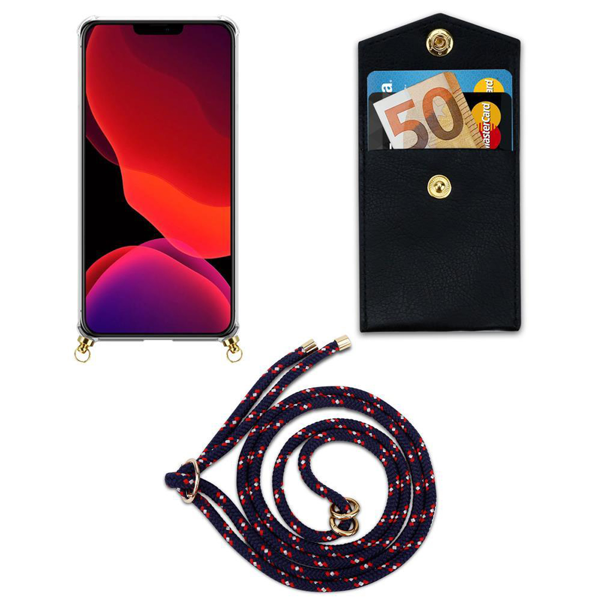 Telefono con display rosso e viola, custodia nera con slot per schede e cordino rosso.