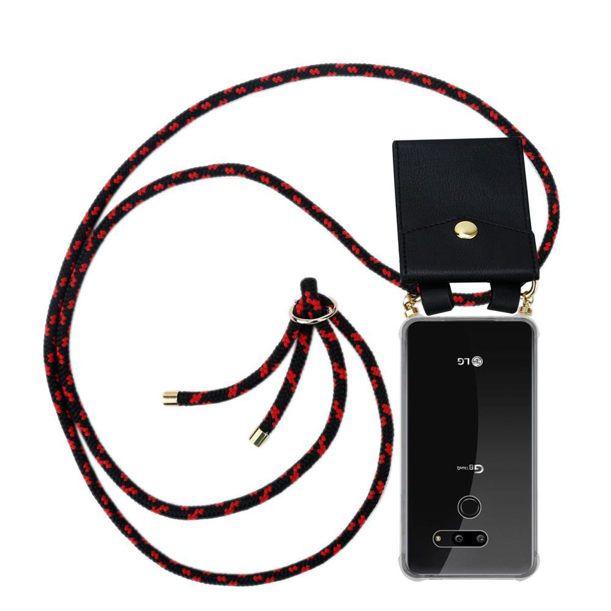 Telefon mit Hülle, schwarze Geldbörse und rot-schwarzem Riemen. Das Telefon zeigt das LG-Logo.