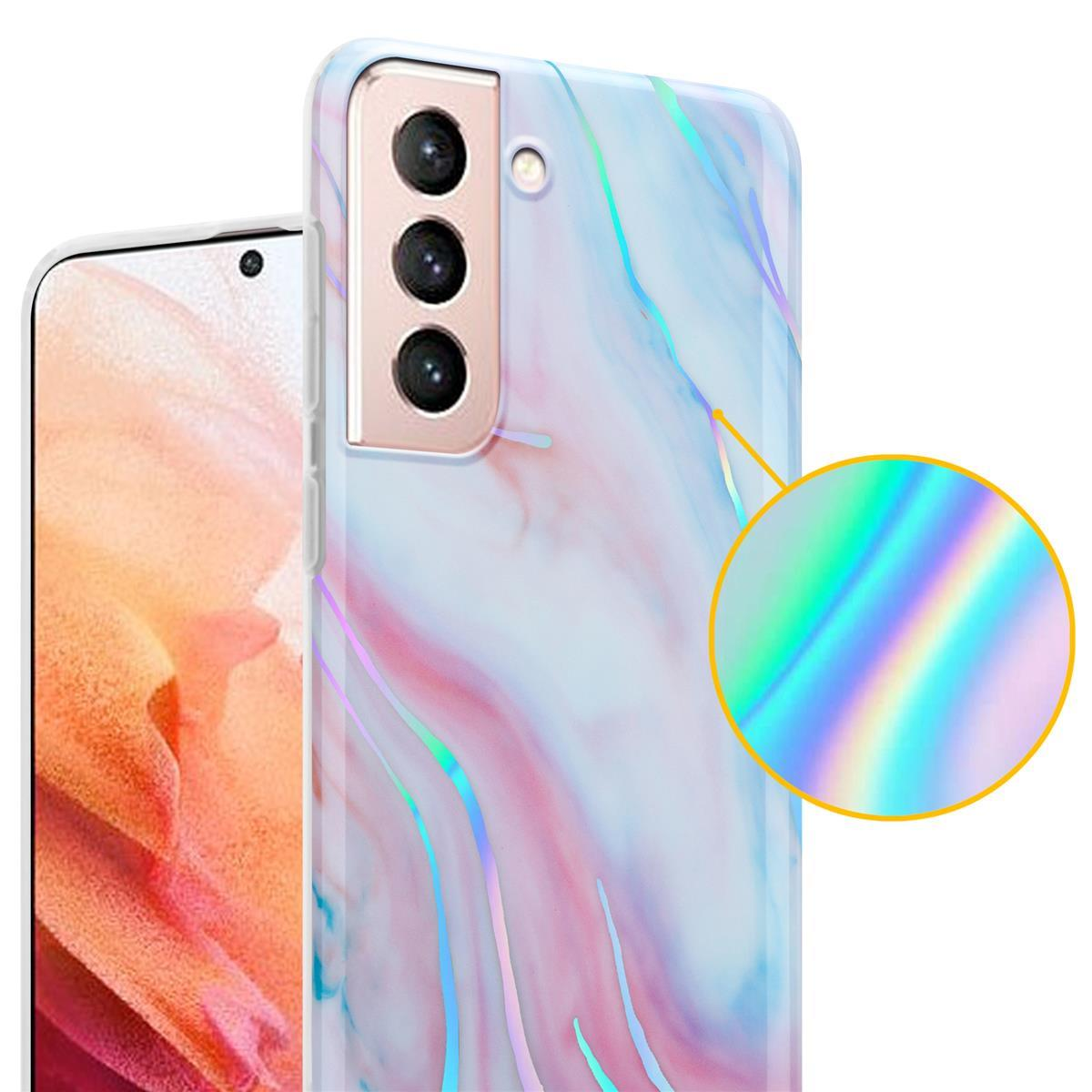 Custodia per telefono con un design marmorizzato, che mostra un primo piano della custodia. Sfondo bianco.