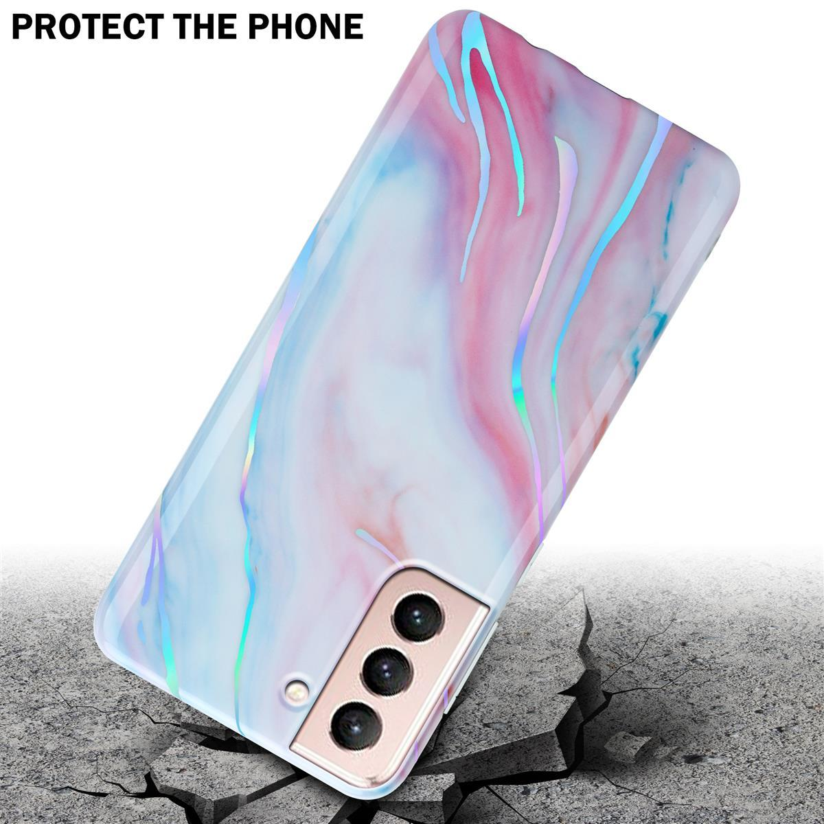 Una custodia per telefono con un design marmorizzato su una superficie incrinata.