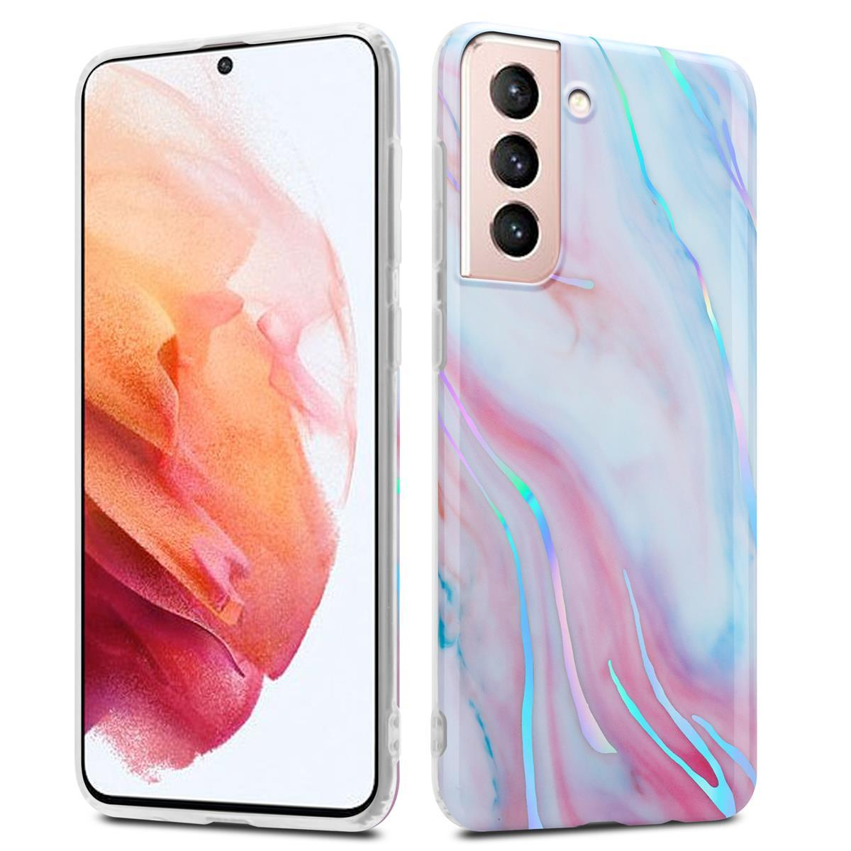 Una custodia per telefono con un design marmorizzato colorato. La parte posteriore del telefono è visibile, con una custodia trasparente.