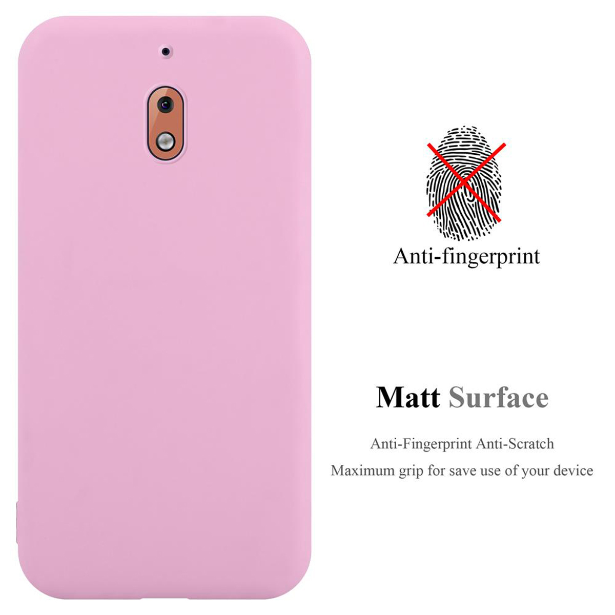 Custodia per telefono rosa. Testo anti-impronte. La custodia è su sfondo bianco.