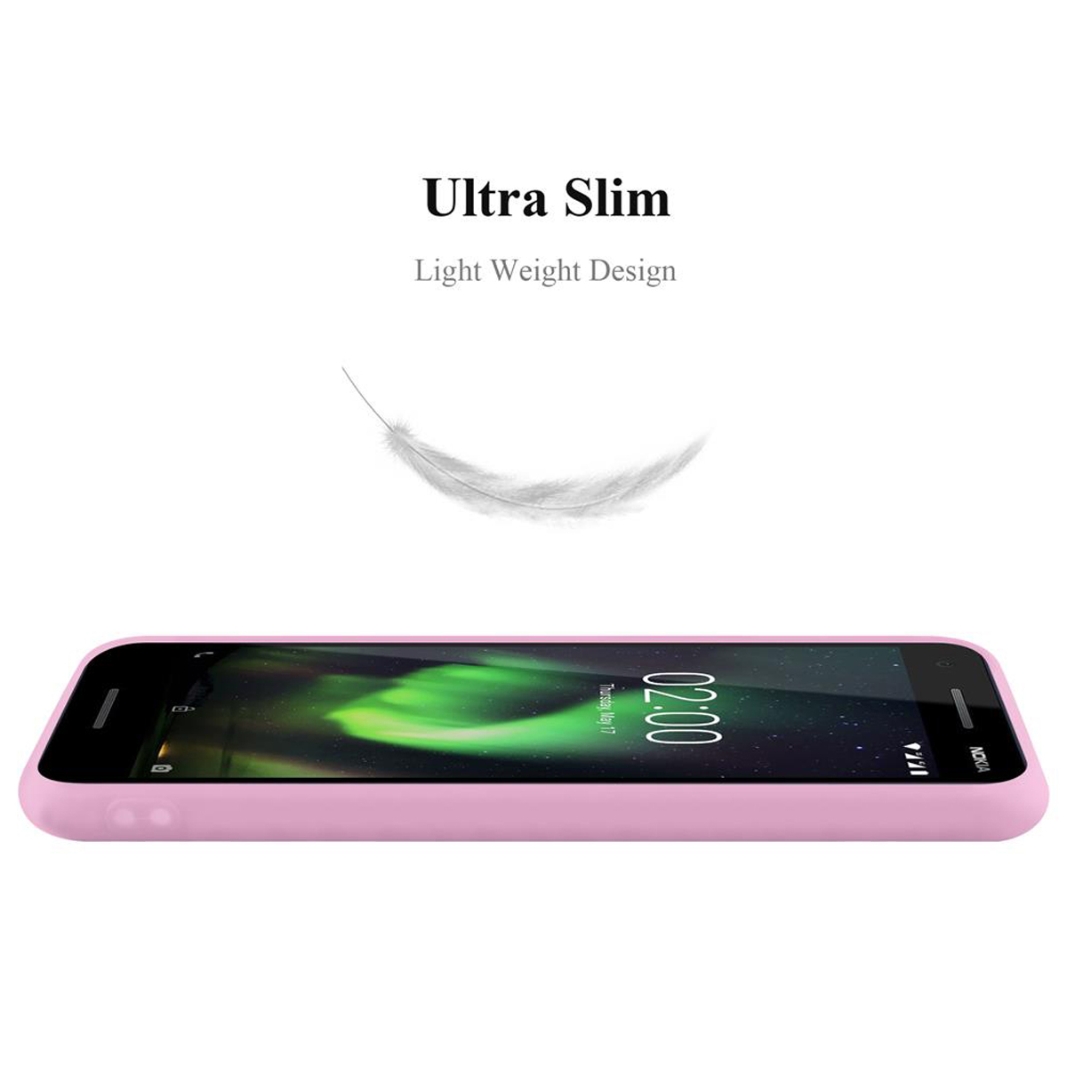 Custodia rosa, design ultra sottile, con grafica di piuma leggera.