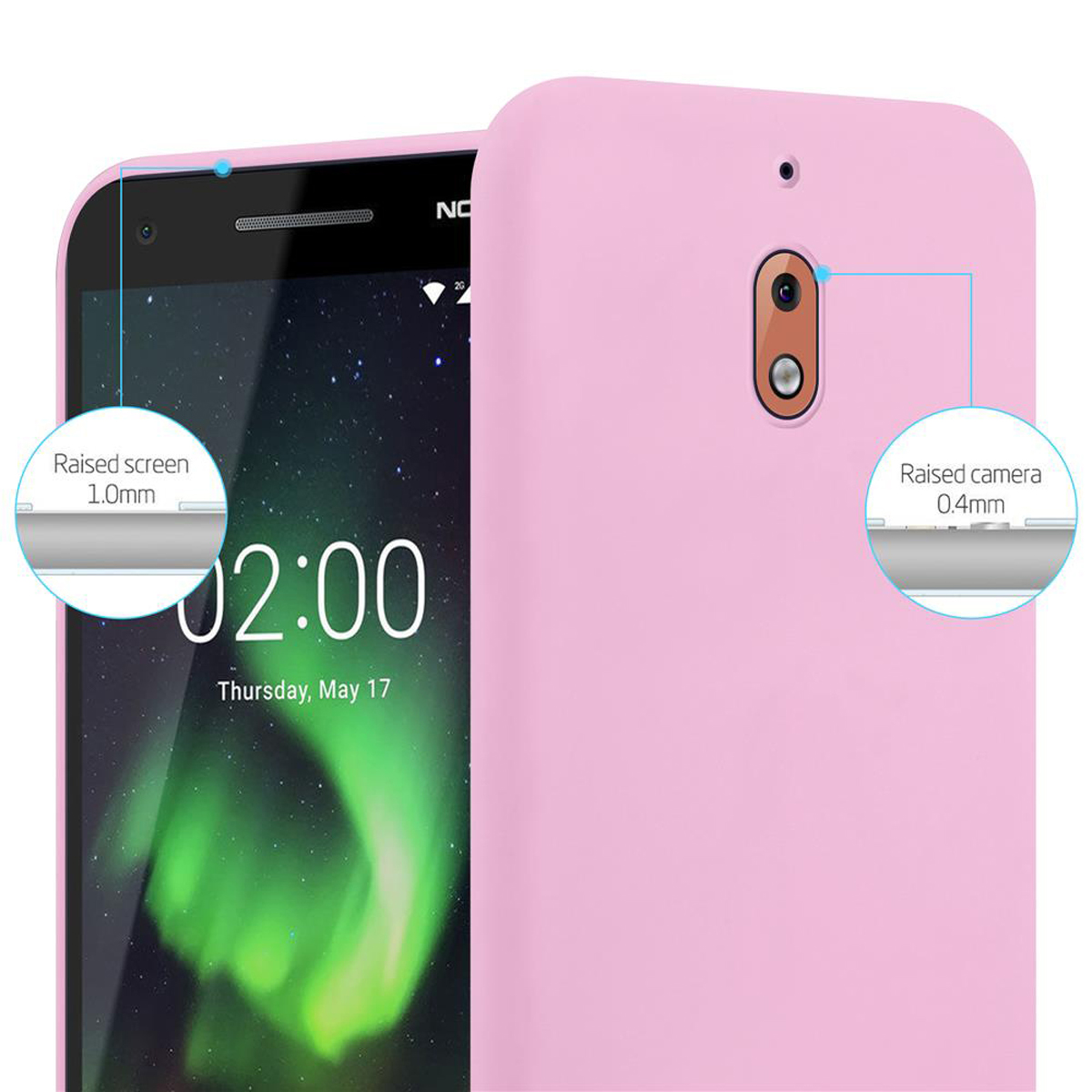 Custodia rosa sul telefono. Etichette di testo 'Schermo rialzato' e 'Fotocamera rialzata'.