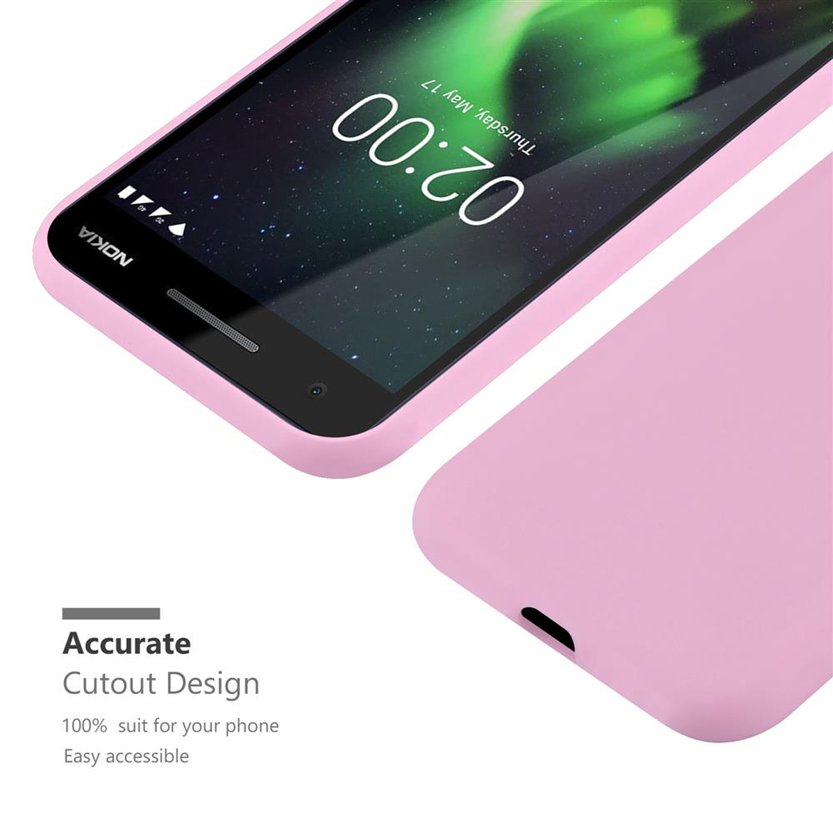 Custodia rosa con telefono. Il telefono mostra l'ora. Testo: Accurate Cutout Design.