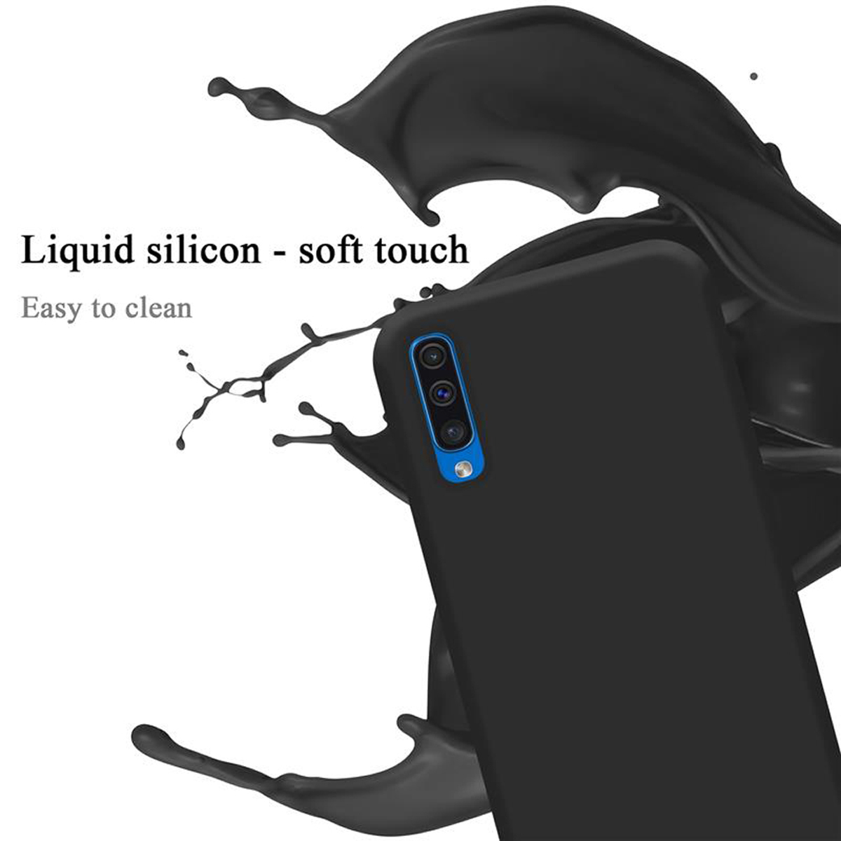 Schwarze Handyhülle mit schwarzem Flüssigkeitsspritzer. Text: Flüssigsilikon - weiche Haptik.