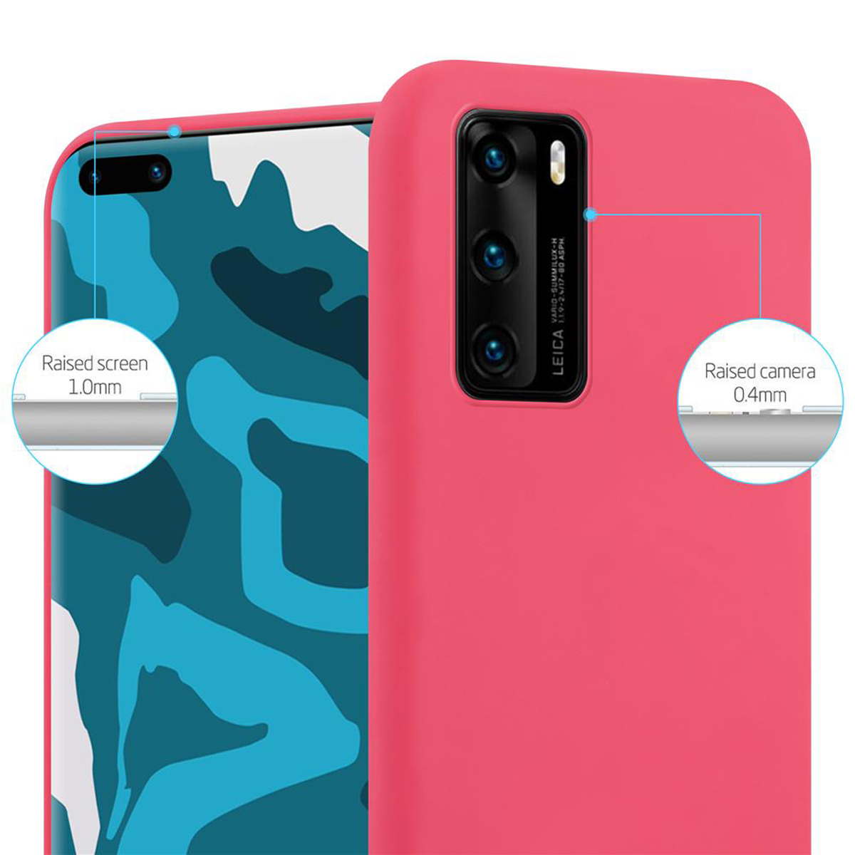 Custodia rosa per telefono con aree dello schermo e della fotocamera in rilievo evidenziate. Il telefono è un modello Huawei.