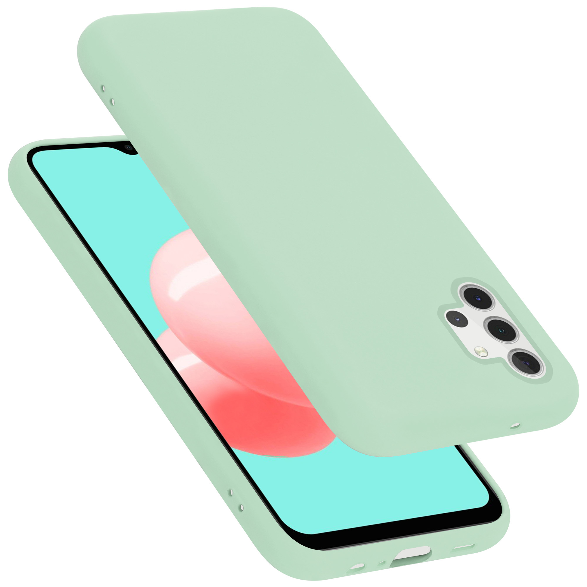 Grüne Handyhülle über einem Telefon. Beide auf weißem Hintergrund.