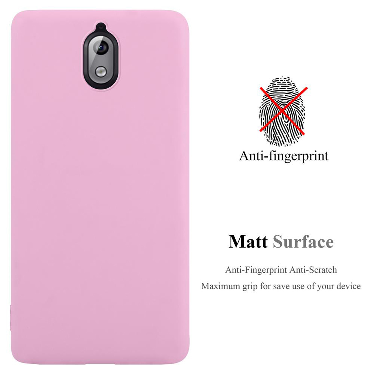 Rosa Handyhülle. Text: Matt Surface, Anti-Fingerabdruck, Anti-Kratzer, Maximaler Halt.