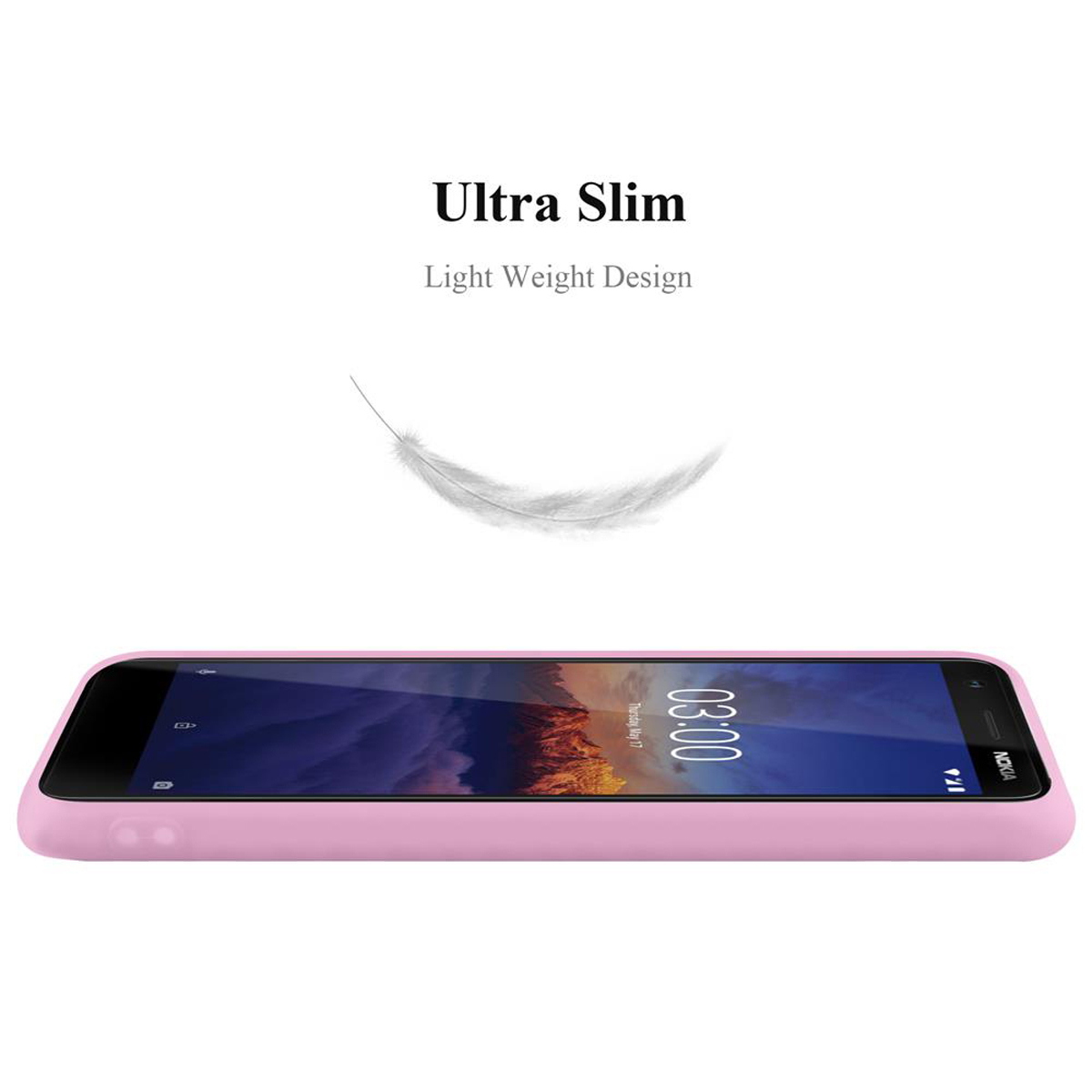 Eine rosa Handyhülle. Das Telefon zeigt die Uhrzeit an. Die Worte „Ultra Slim“ und „Light Weight Design“ stehen oben.