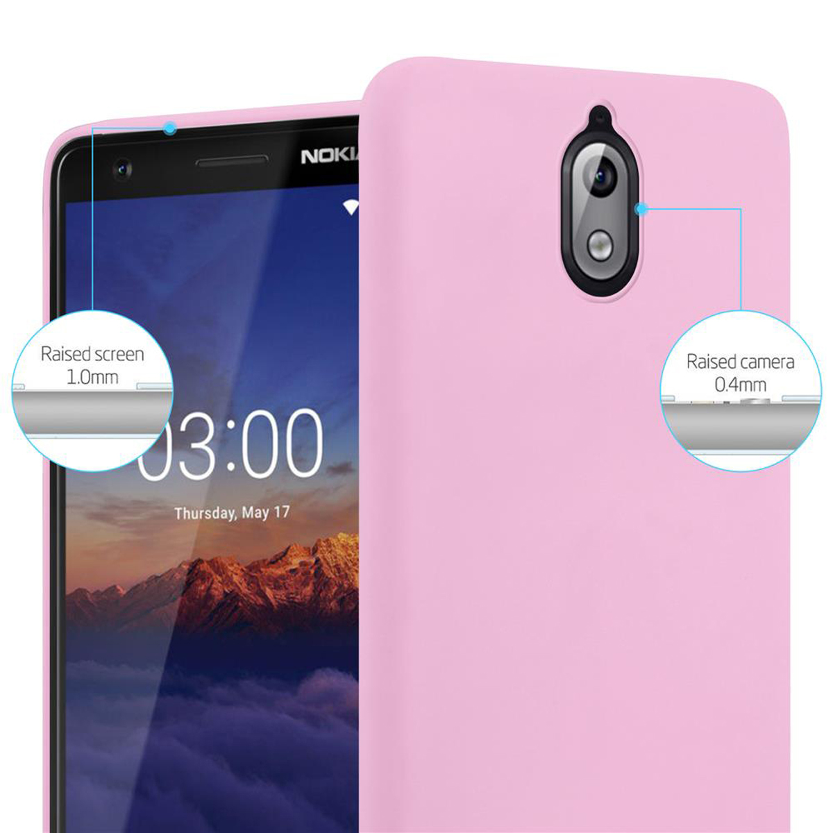 Rosa Handyhülle mit Telefon darin. Details zum erhöhten Kamera- und Bildschirmschutz werden gezeigt.