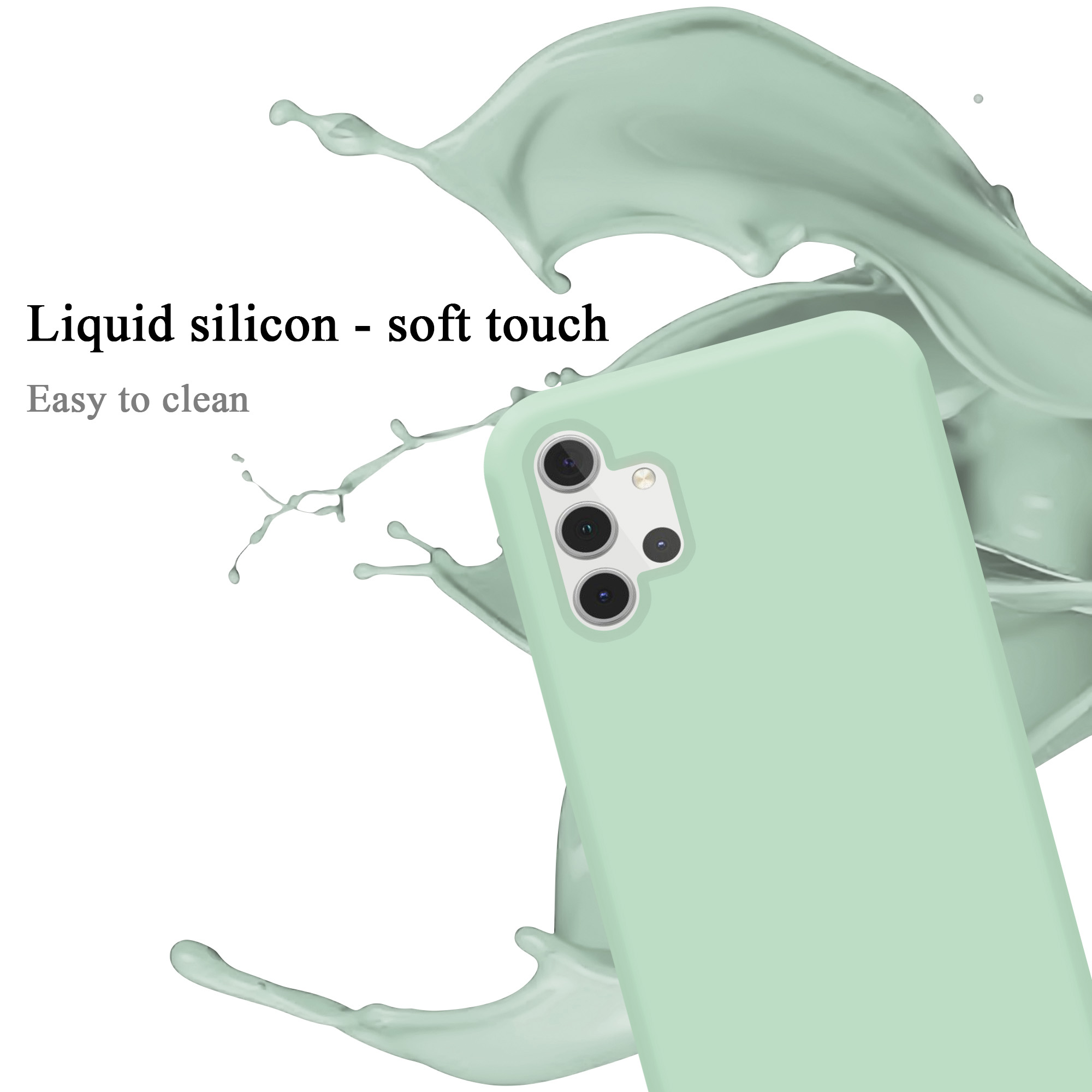 Eine hellgrüne Handyhülle mit einem Spritzer rosa Flüssigkeit. Der Text lautet 'Flüssiges Silikon - Soft Touch'.